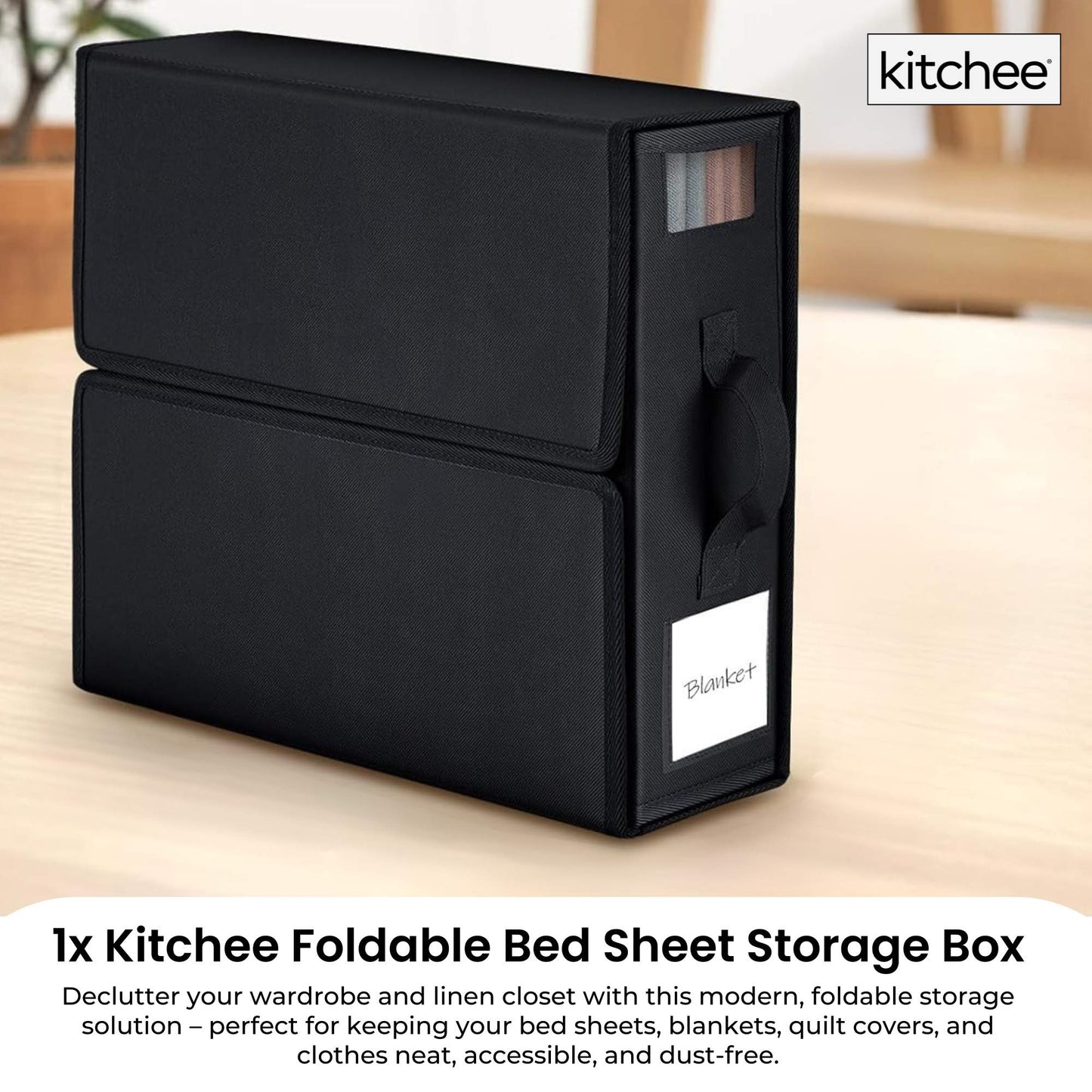 1x Kitchee Foldable Bed Sheet Storage Box - Linen and Closet Organiser Black