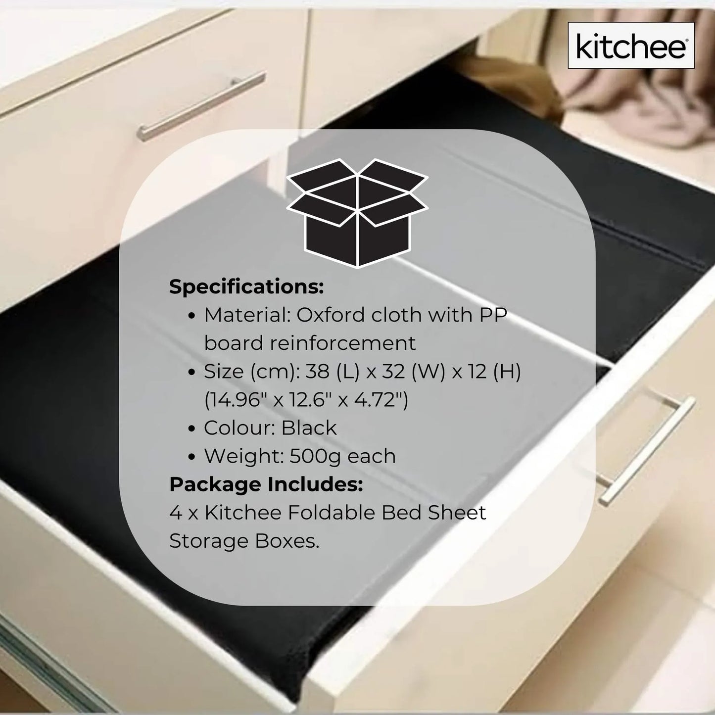 Kitchee 4x Foldable Bed Sheet Storage Box - Linen + Closet Organiser Black