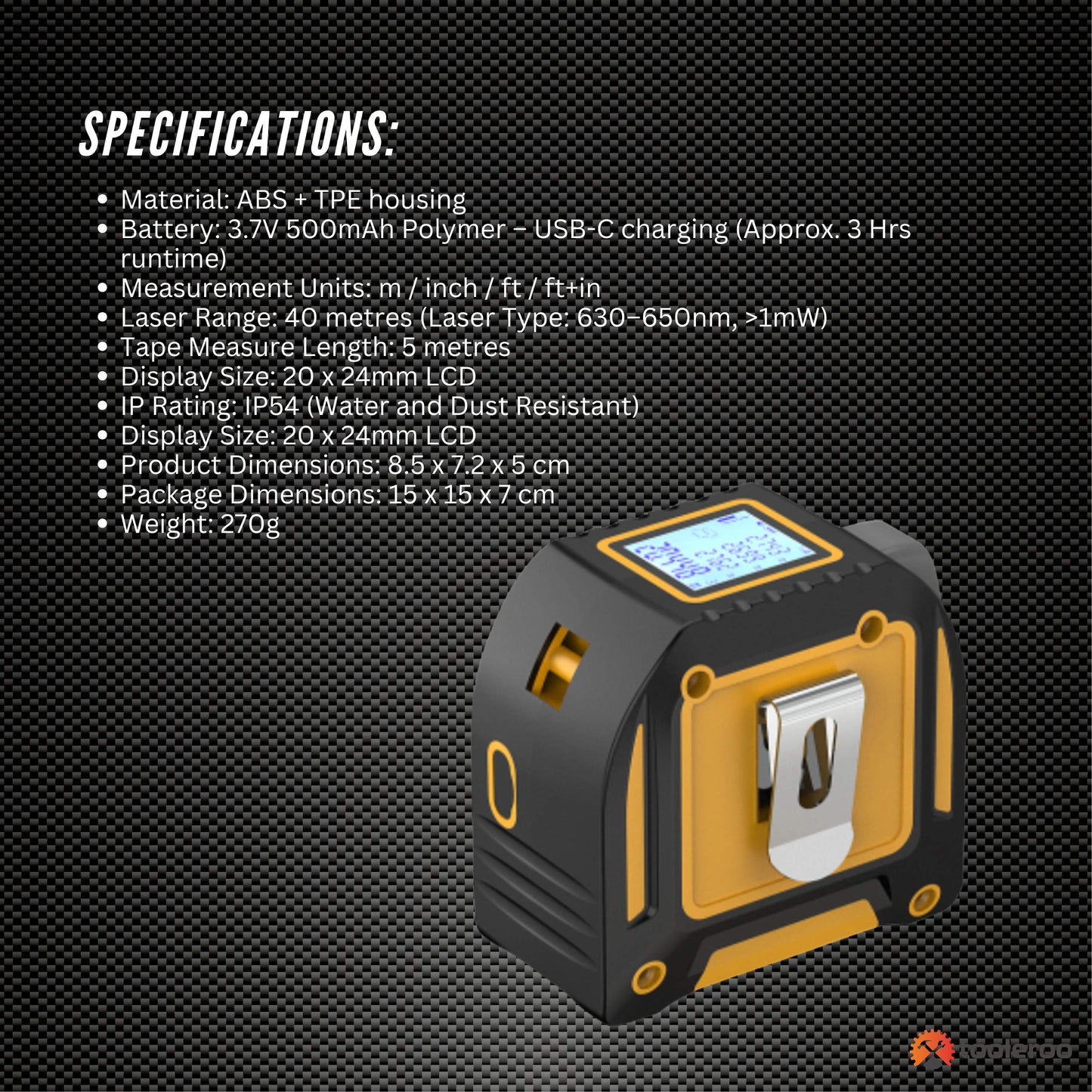 Tooleroo 40m Digital Laser Tape Measure + 5m Steel Tape – 3-in-1 Cross Marking
