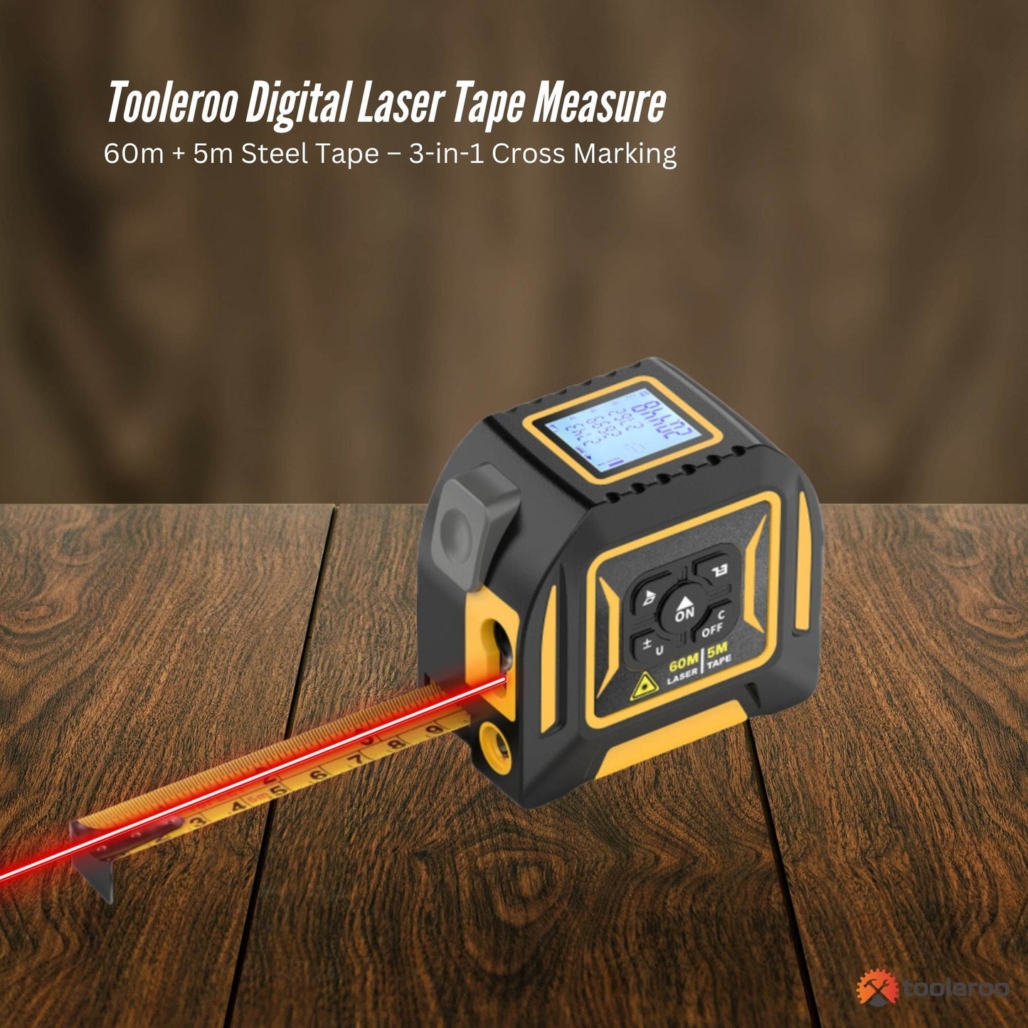 Tooleroo 60m Digital Laser Tape Measure + 5m Steel Tape 3-in-1 Cross Marking