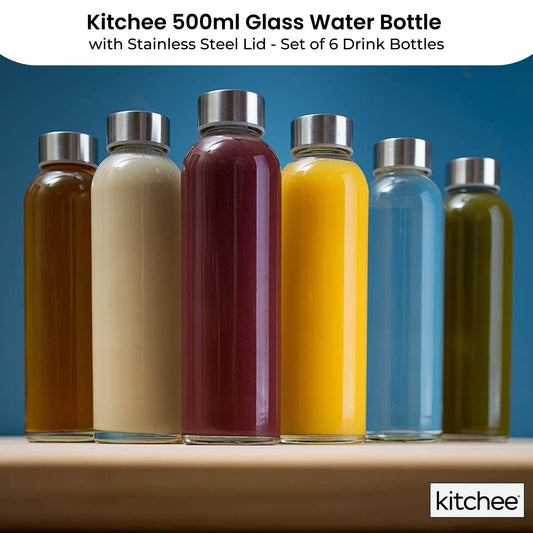 kitchee-500ml-glass-water-bottle-with-stainless-steel-lid-set-of-6-drink-bottles