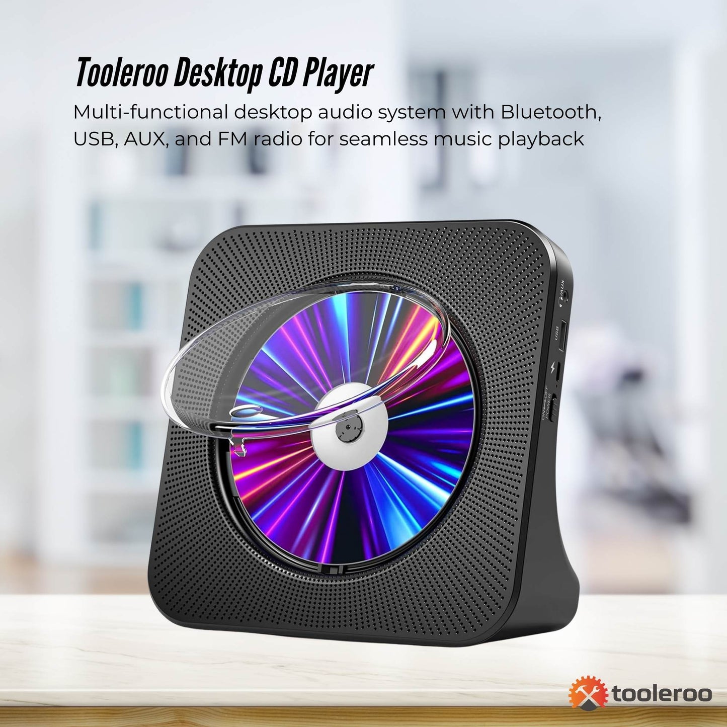 Tooleroo USB Rechargeable Desktop CD Player Speaker Bluetooth Portable Black
