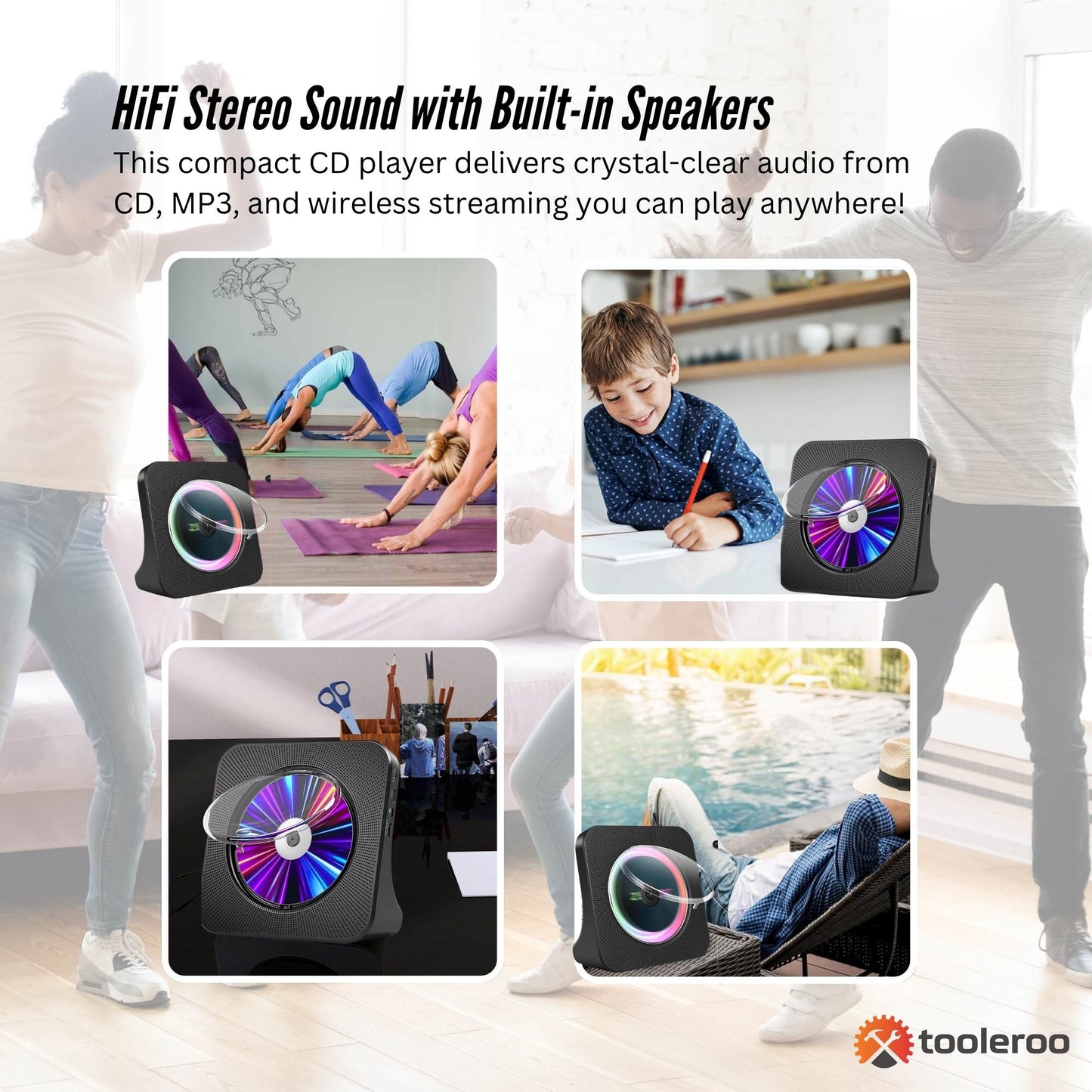 Tooleroo USB Rechargeable Desktop CD Player Speaker Bluetooth Portable Black