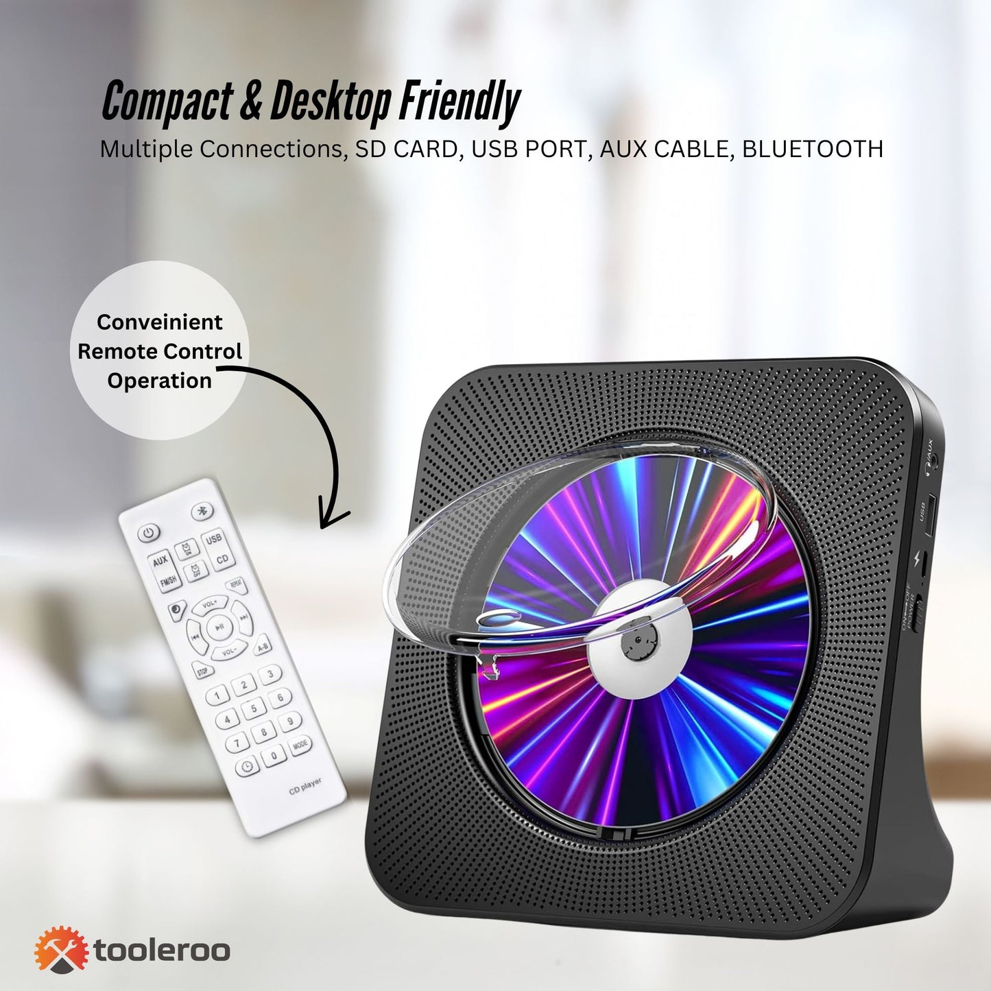 Tooleroo USB Rechargeable Desktop CD Player Speaker Bluetooth Portable Black