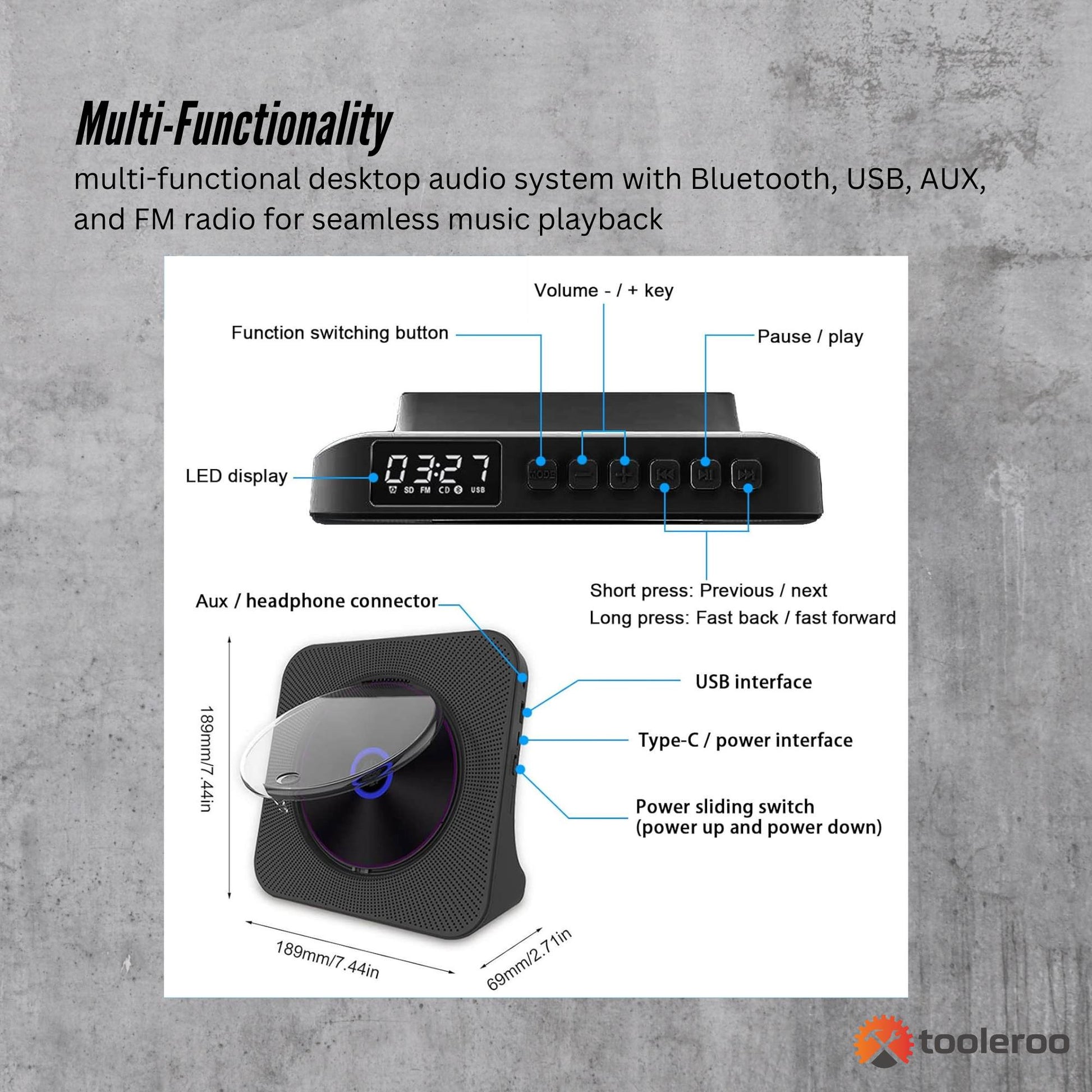 Tooleroo USB Rechargeable Desktop CD Player Speaker Bluetooth Portable Black