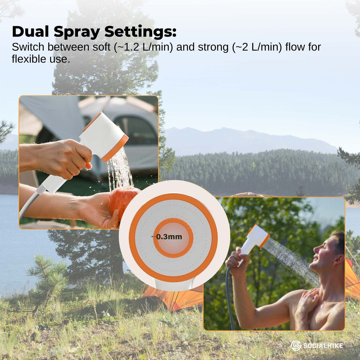 Social Hike Portable Camping Shower Head - Outdoor Rechargeable Pump LED Light