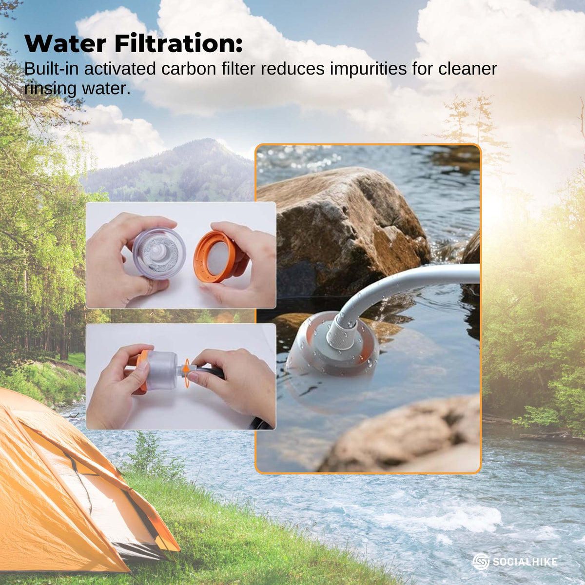 Social Hike Portable Camping Shower Head - Outdoor Rechargeable Pump LED Light