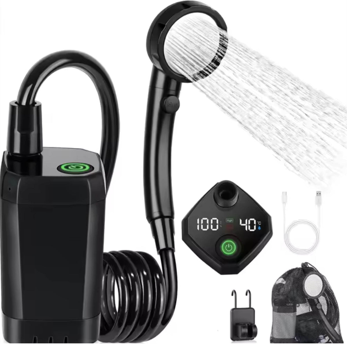 Social Hike Portable Camping Shower Kit - 6000MAh Outdoor Rechargeable Pump LED