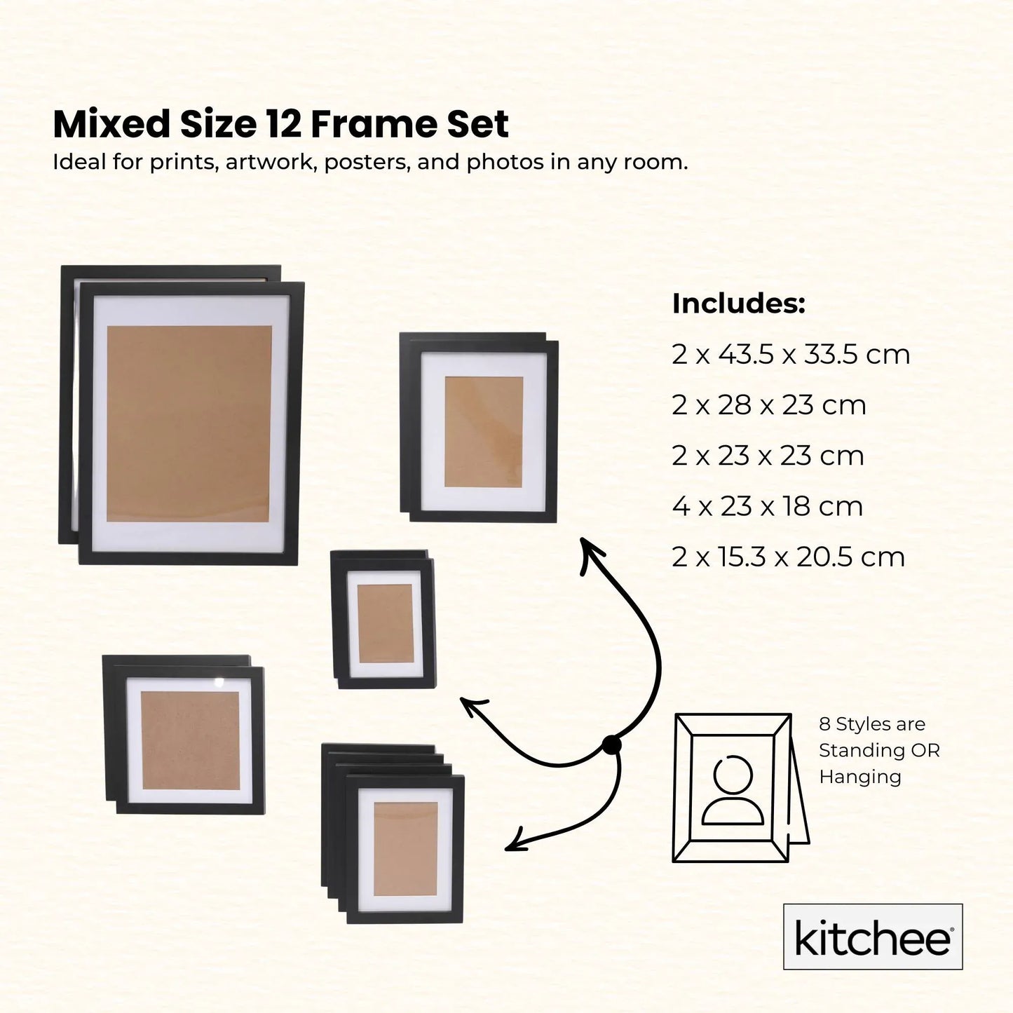 Kitchee 12 Pieces Photo Frame Set - Modern Gallery Wall Pack Matte Black