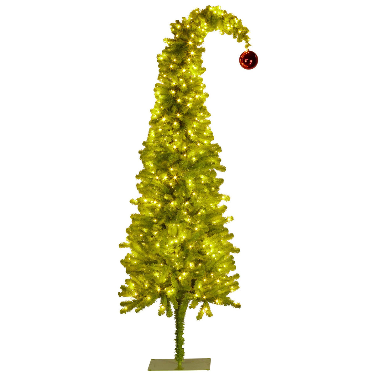 Christabelle 7.5ft Christmas Gremlin Tree Curved Top Red Bauble Built-in Green White LED Lights Control Base & Cord