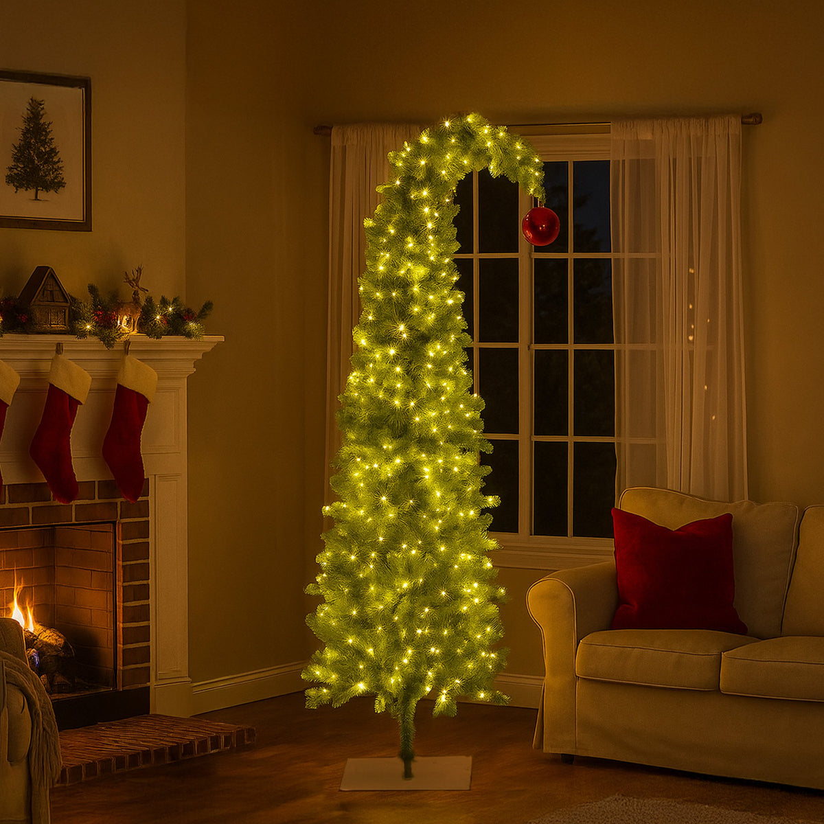 Christabelle 7.5ft Christmas Gremlin Tree Curved Top Red Bauble Built-in Green White LED Lights Control Base & Cord