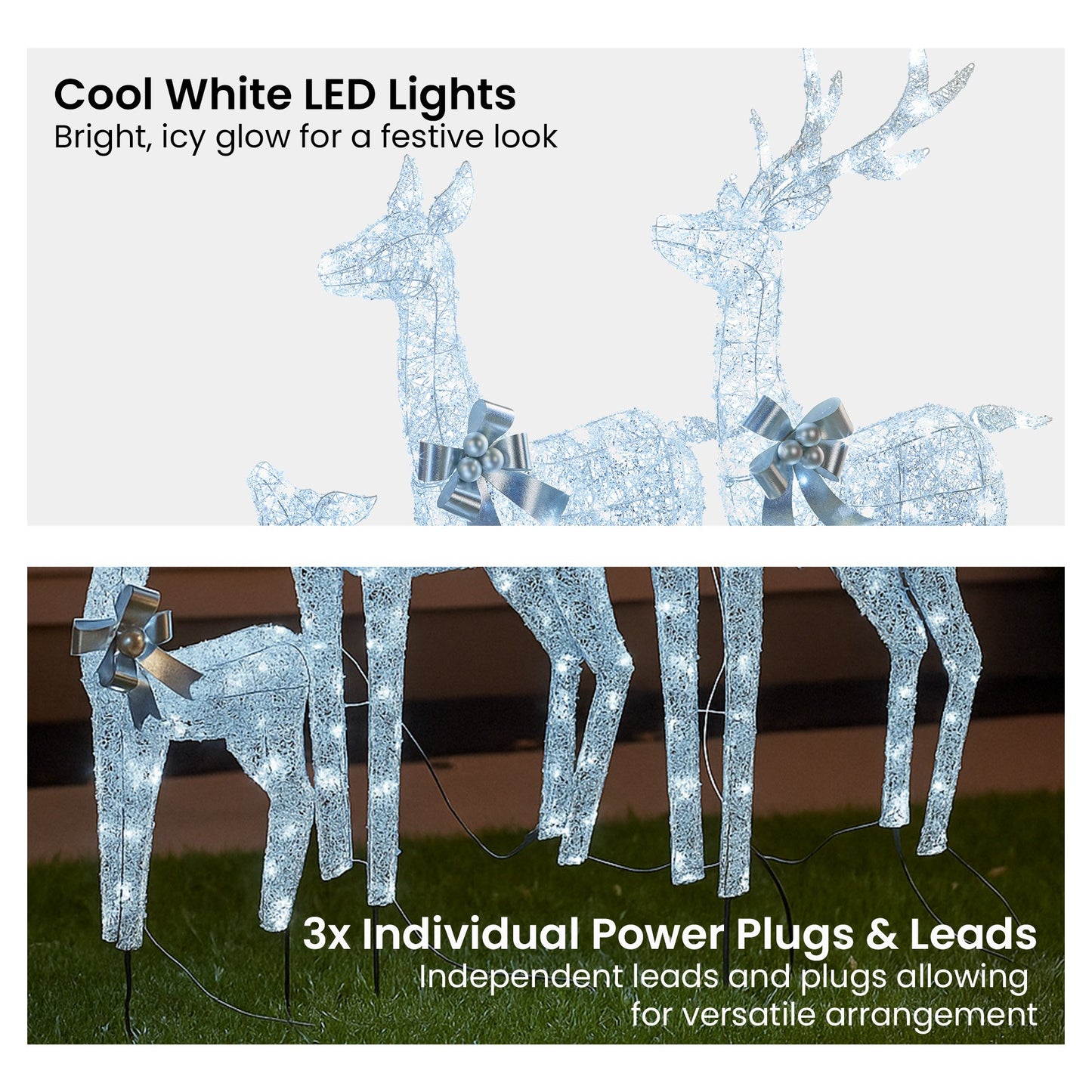Christabelle Christmas Reindeer Display Set 3 Indoor & Outdoor Decorations Acrylic Beads Cool White LED Lights Silver