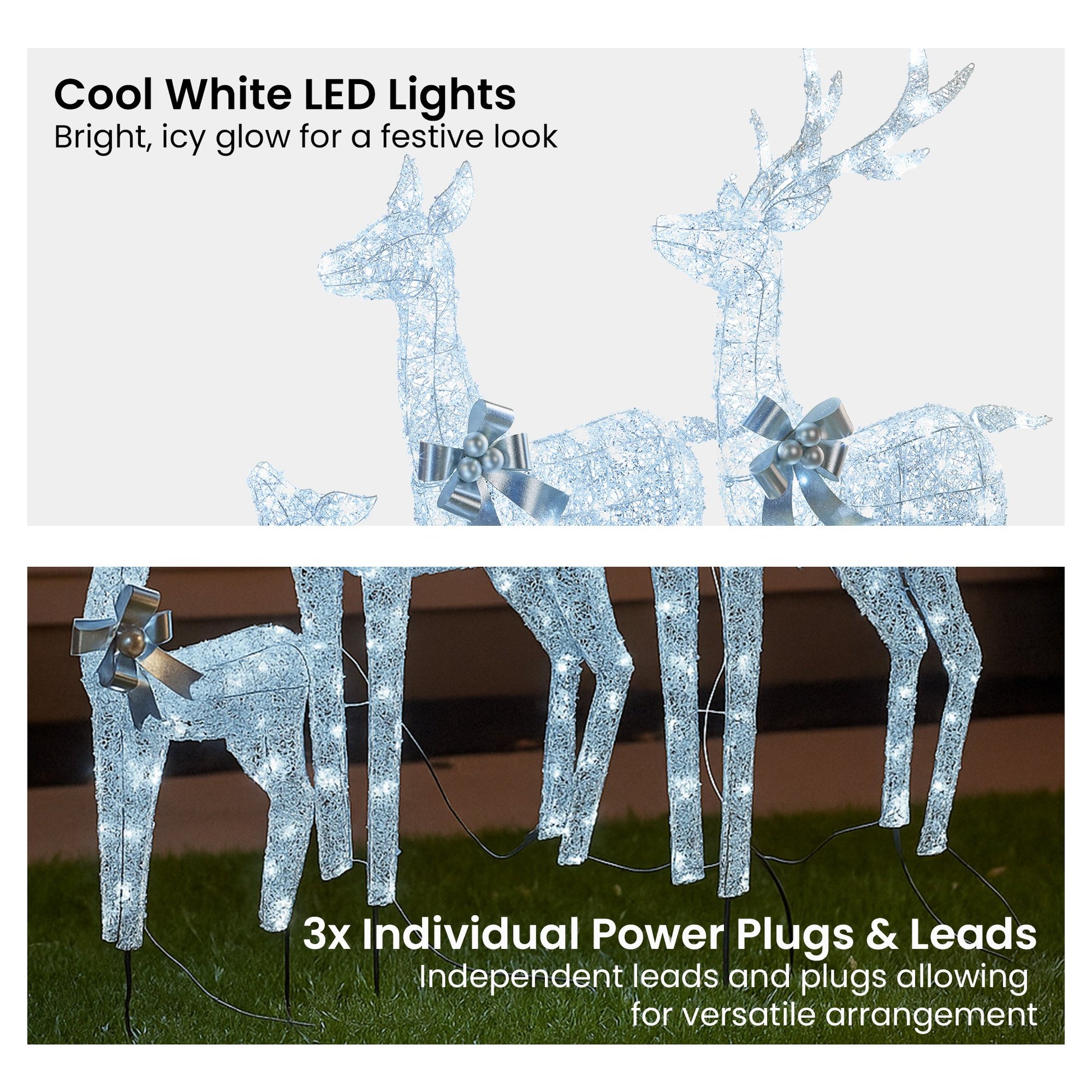 Christabelle Christmas Reindeer Display Set 3 Indoor & Outdoor Decorations Acrylic Beads Cool White LED Lights Silver