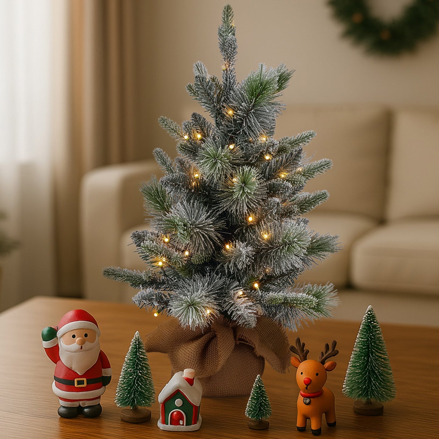 National Tree Company 61cm Pre-Lit Snowy Stamford Spruce Battery-Operated Mini Christmas Tree Multi-Functional LED Timer