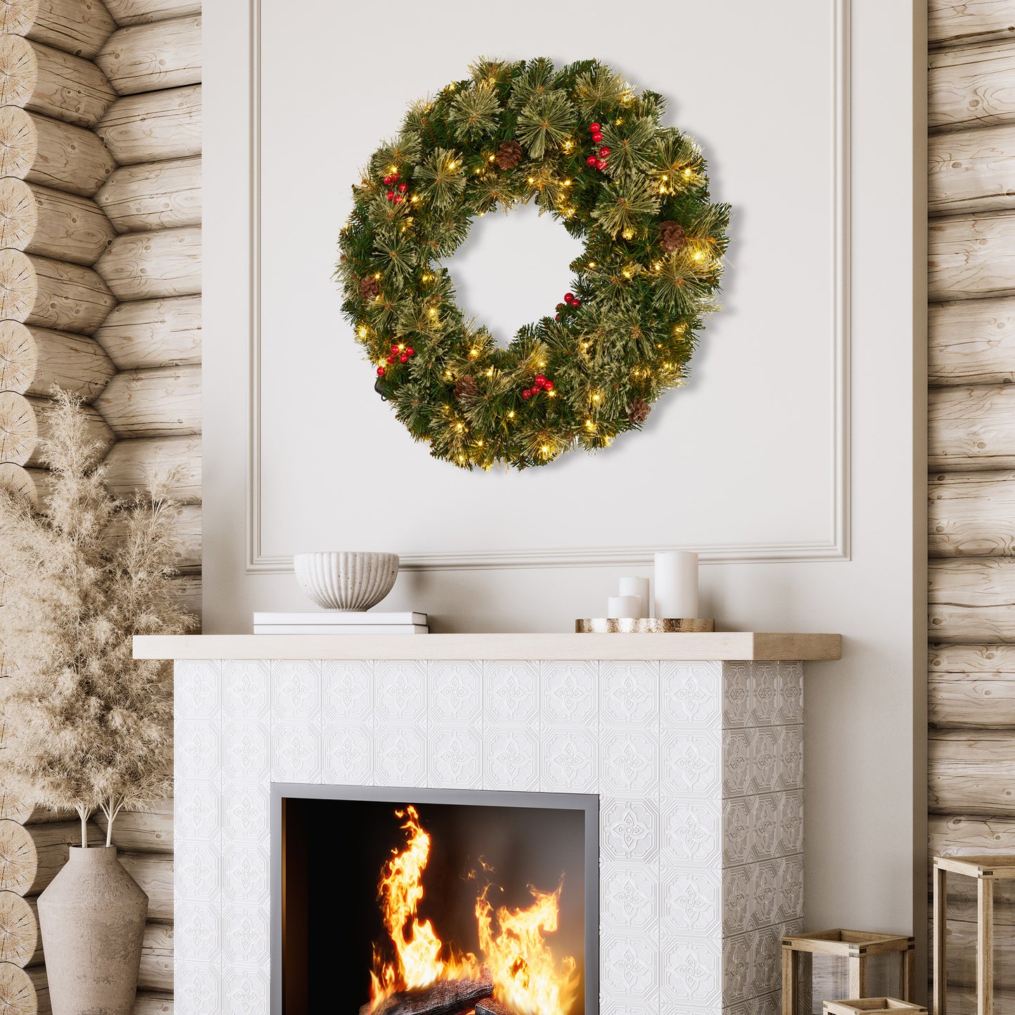 Christabelle 61cm Christmas Wreath Bristle Berry with LED Lights Front Door Decoration Ornament