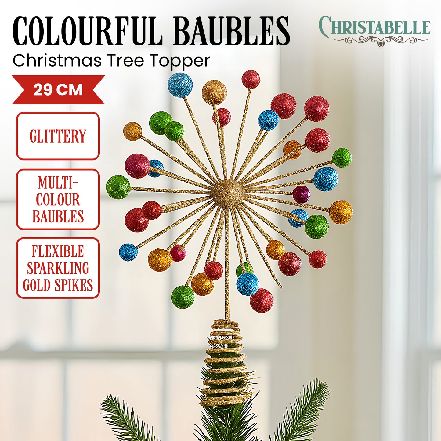 Christabelle Christmas Tree Topper Glittery Baubles Gold Decoration Ornaments
