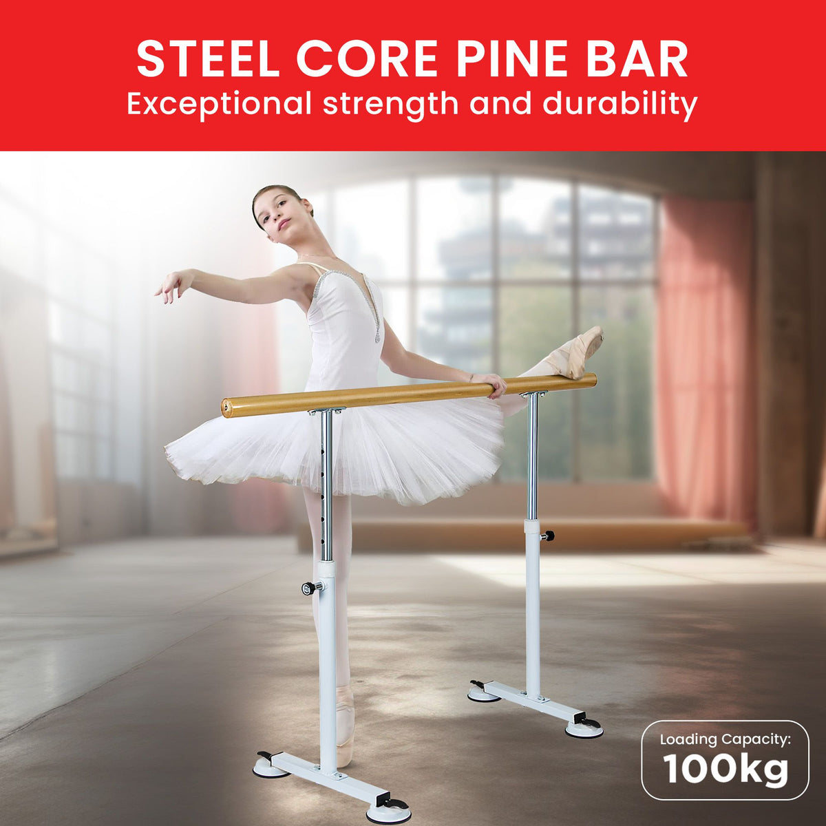 Powertrain 150cm Freestanding Ballet Barre Portable Adjustable Height Dance Bar Pine Wood Pole Home Studio