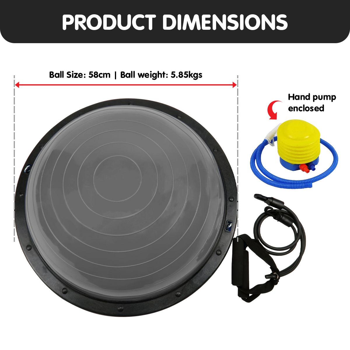Powertrain 58cm Half Yoga Ball Balance Trainer Anti-Slip Stability Dome for Home Gym Core Fitness Workout Grey