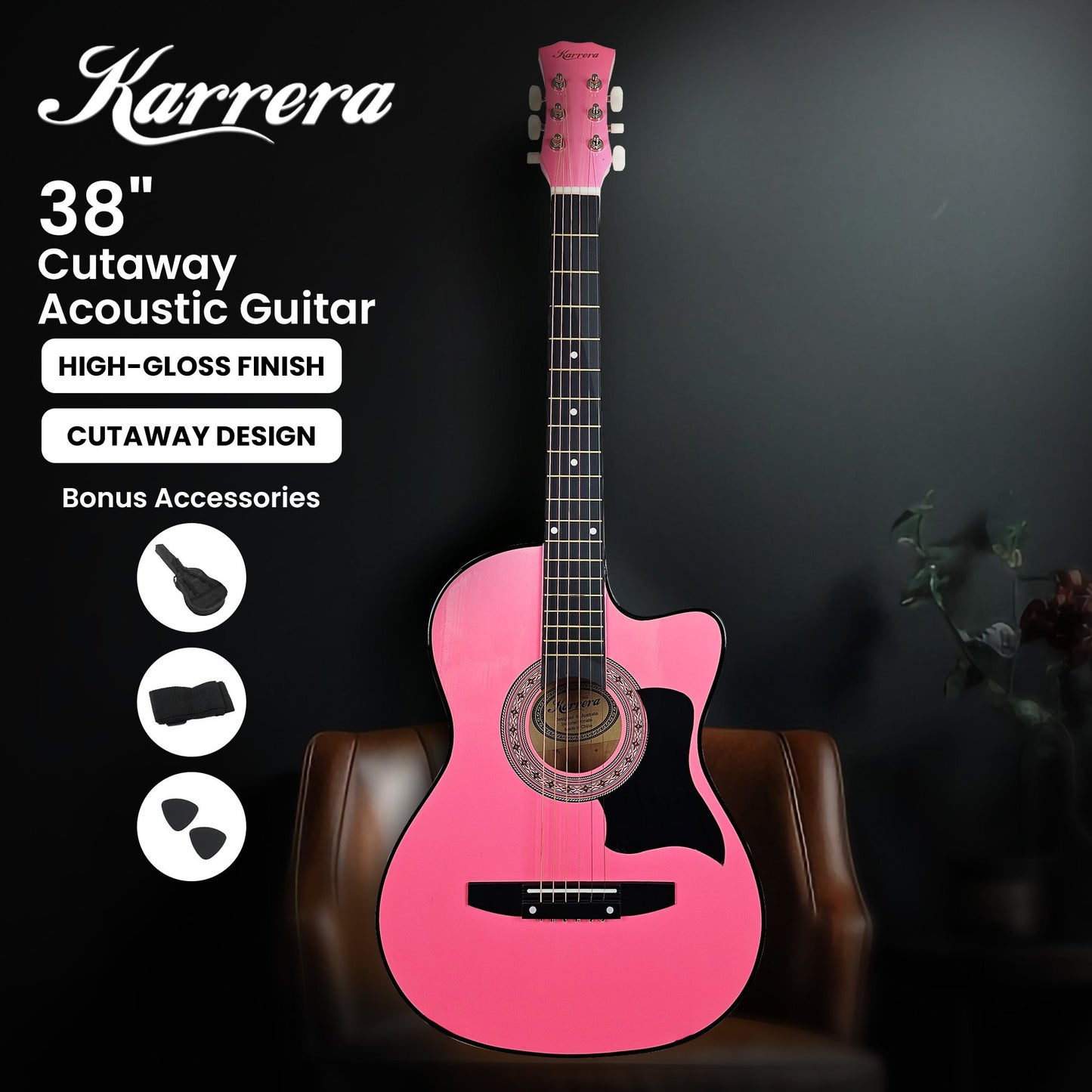 Karrera 38in Cutaway Acoustic Guitar with guitar bag - Pink