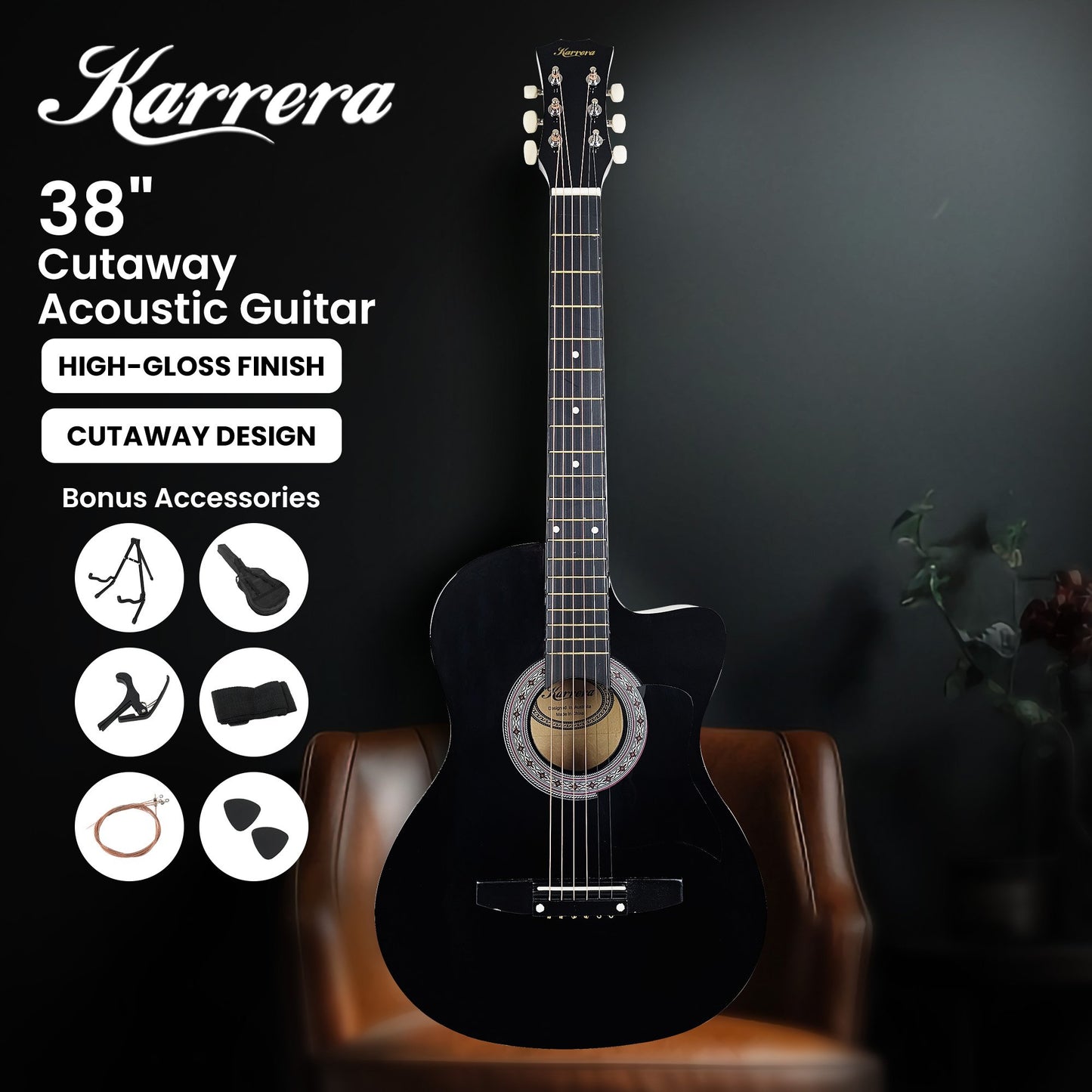 Karrera 38-inch Pro Cutaway Acoustic Guitar with Carry Bag - Black