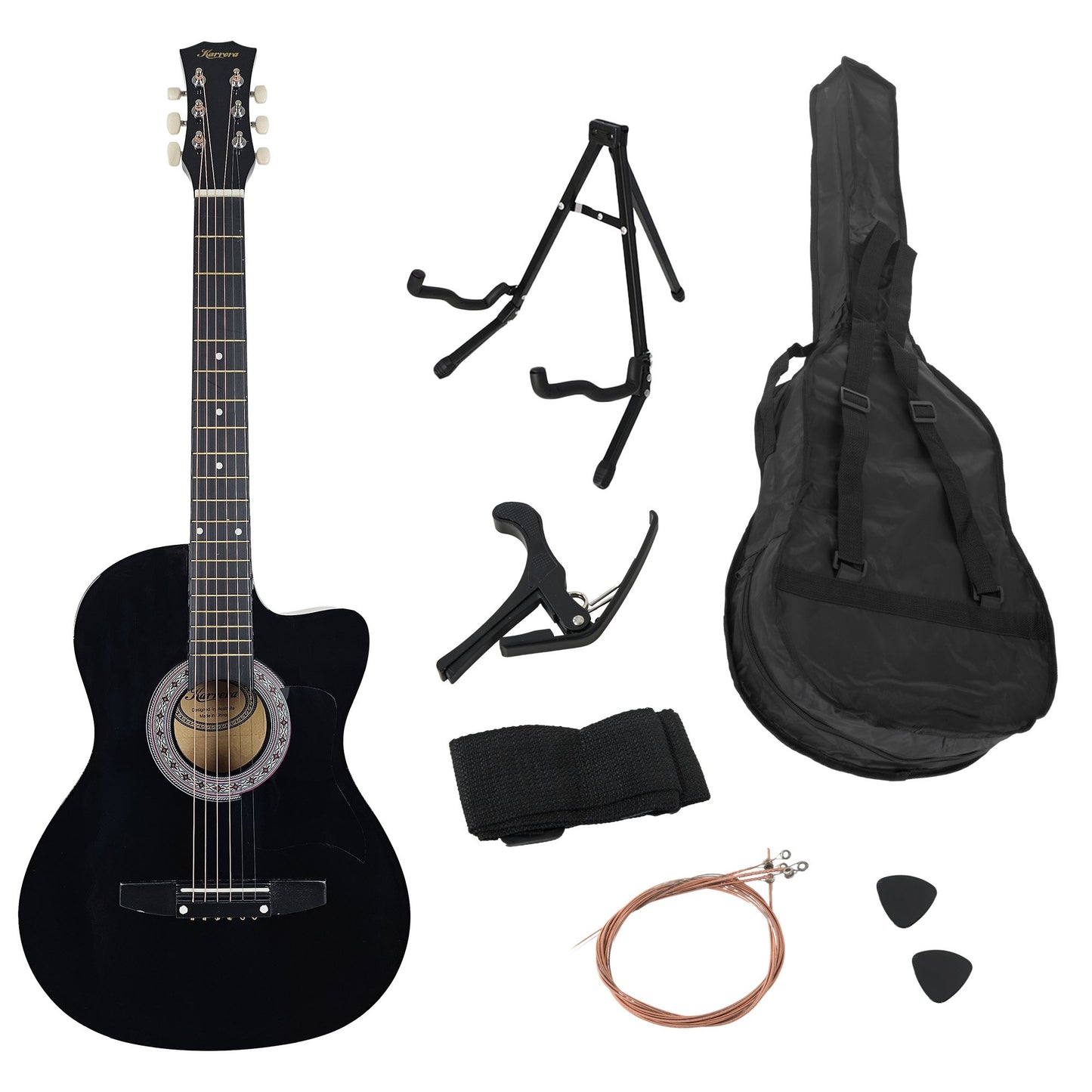 Karrera 38-inch Pro Cutaway Acoustic Guitar with Carry Bag - Black