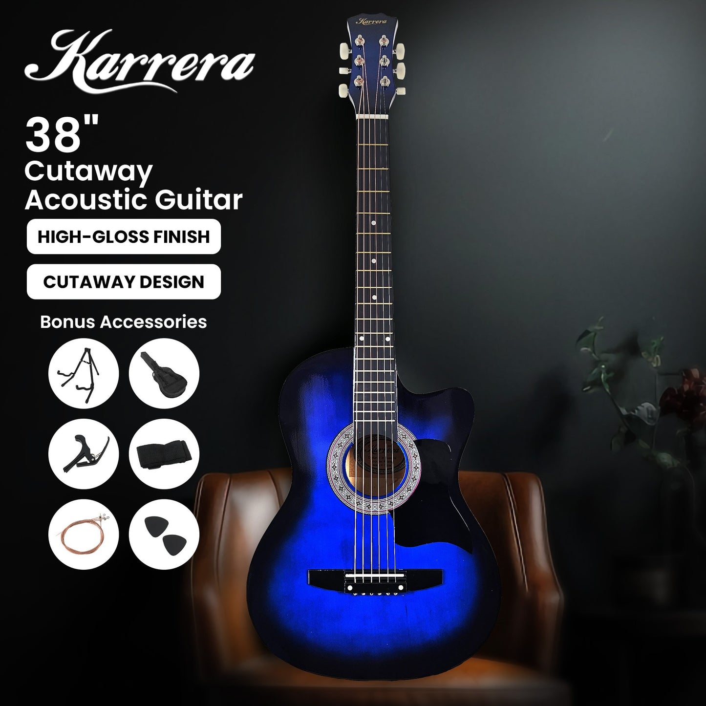 Karrera 38in Pro Cutaway Acoustic Guitar with Bag Strings - Blue Burst