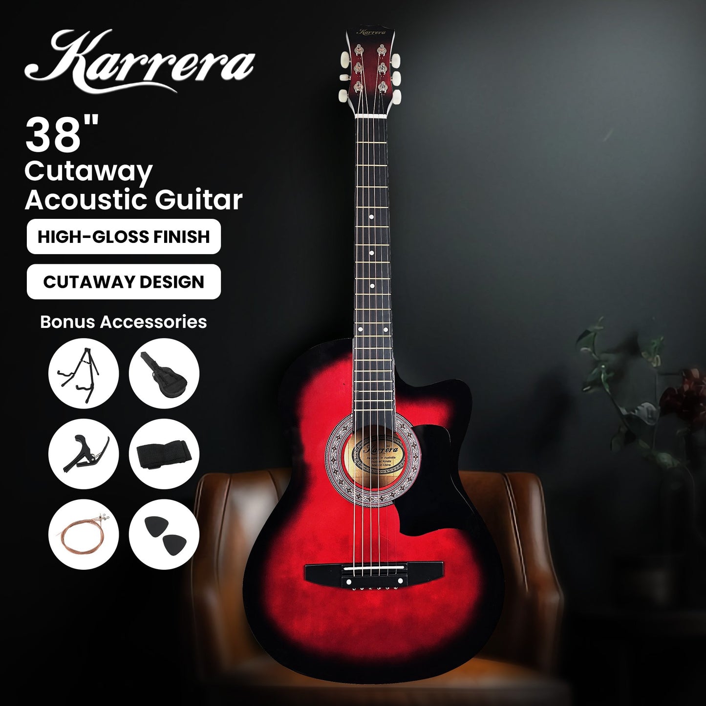 Karrera 38in Pro Cutaway Acoustic Guitar with guitar bag - Red Burst