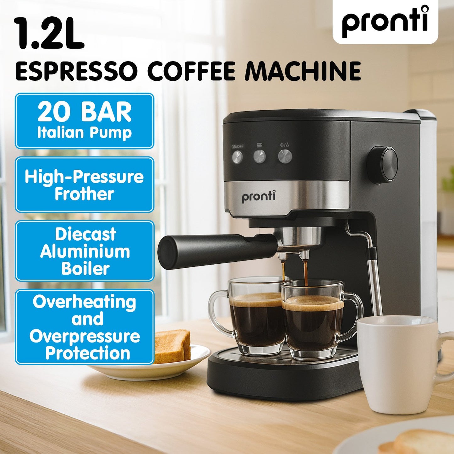 Pronti CM-850D Coffee Machine 20 Bar Espresso Maker with Milk Frother and 1.25L Tank