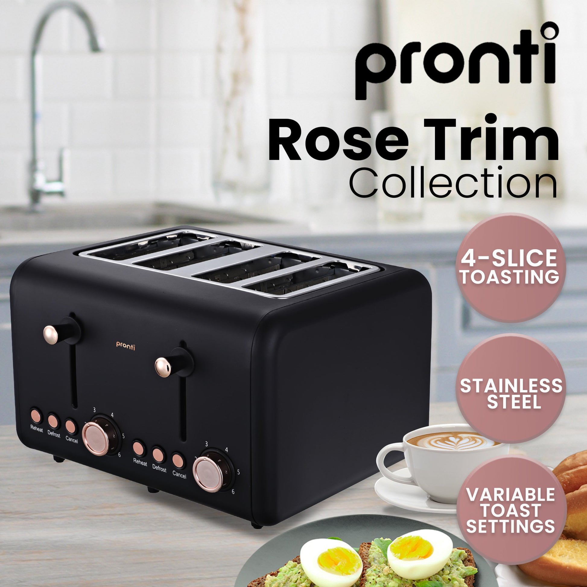 Pronti Breakfast Set with Rose Gold Kettle & Toaster with 1.2L Espresso Machine - Black