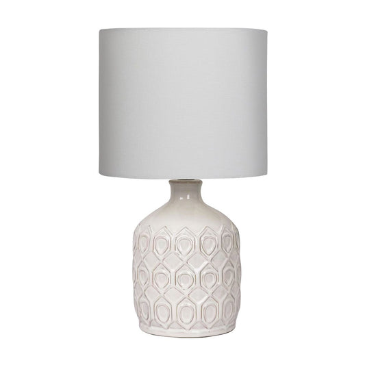 Sarantino Cream Ceramic Table Lamp with White Fabric Shade, Antique Herringbone Patterned Bedside Light