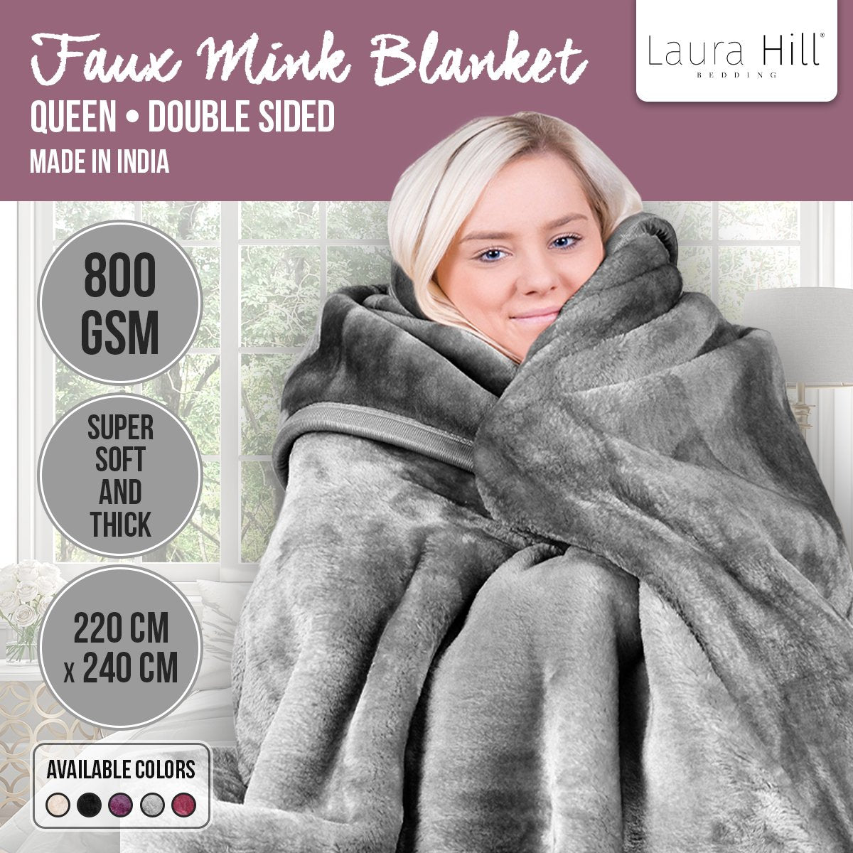 Laura Hill Double-sided Large 220 X 240cm Faux Mink Throw Rug Blanket 800-gsm Heavy - Silver