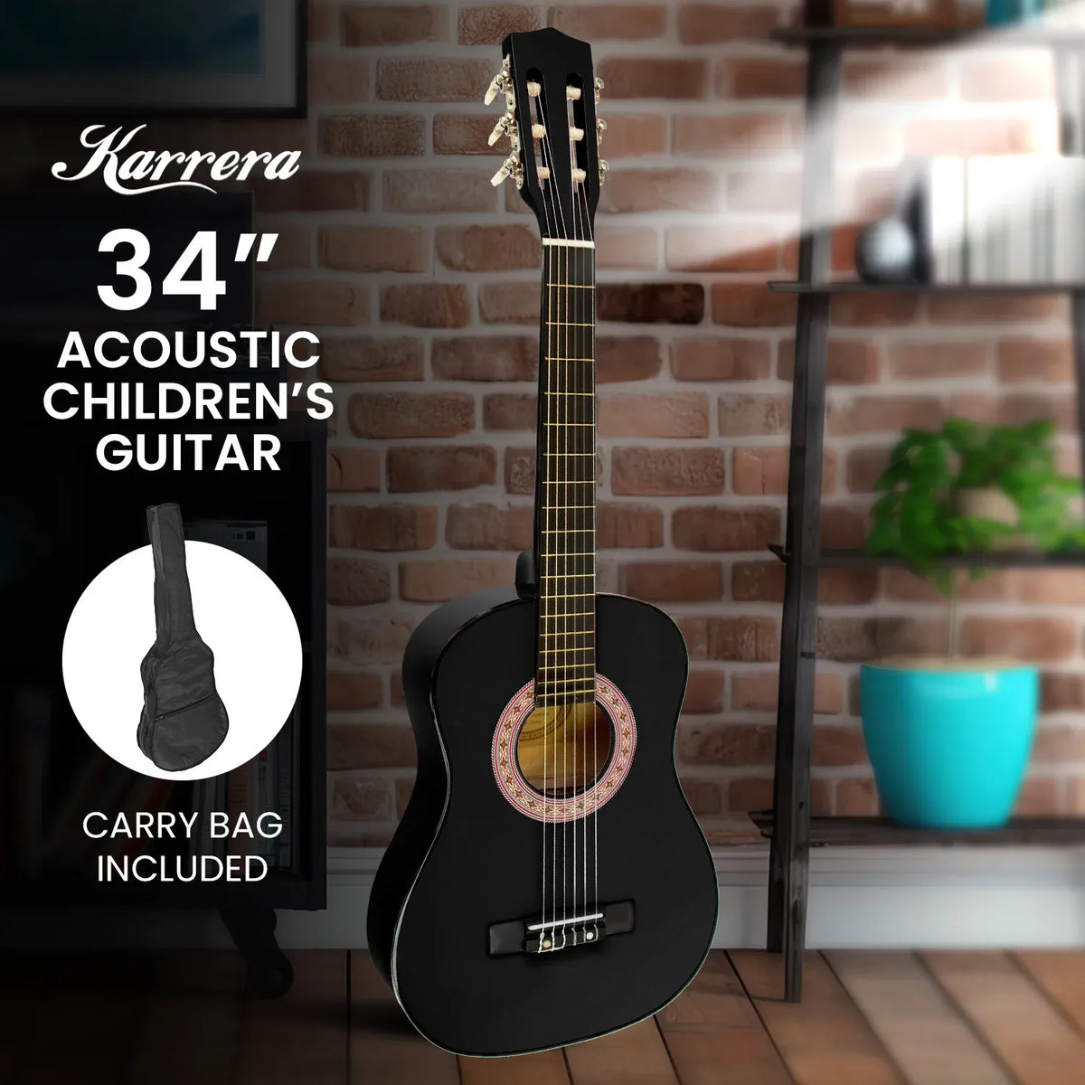 Karrera 34in Wooden Acoustic Childrens Guitar - Black