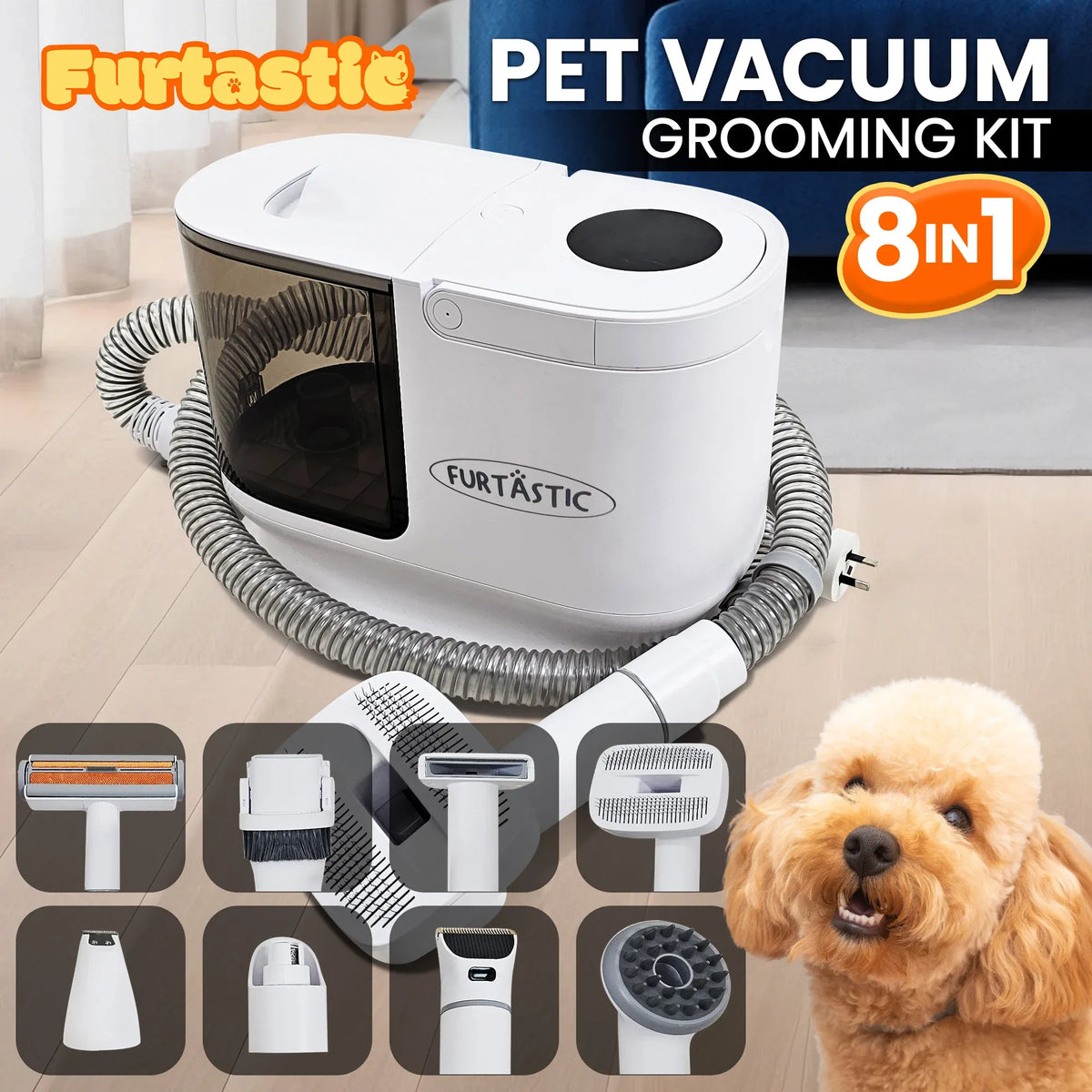 Furtastic 8-in-1 XL Pet Grooming Vacuum Kit 3L Dog & Cat Hair Trimmer Clipper Shedding Tool Set HEPA Filter