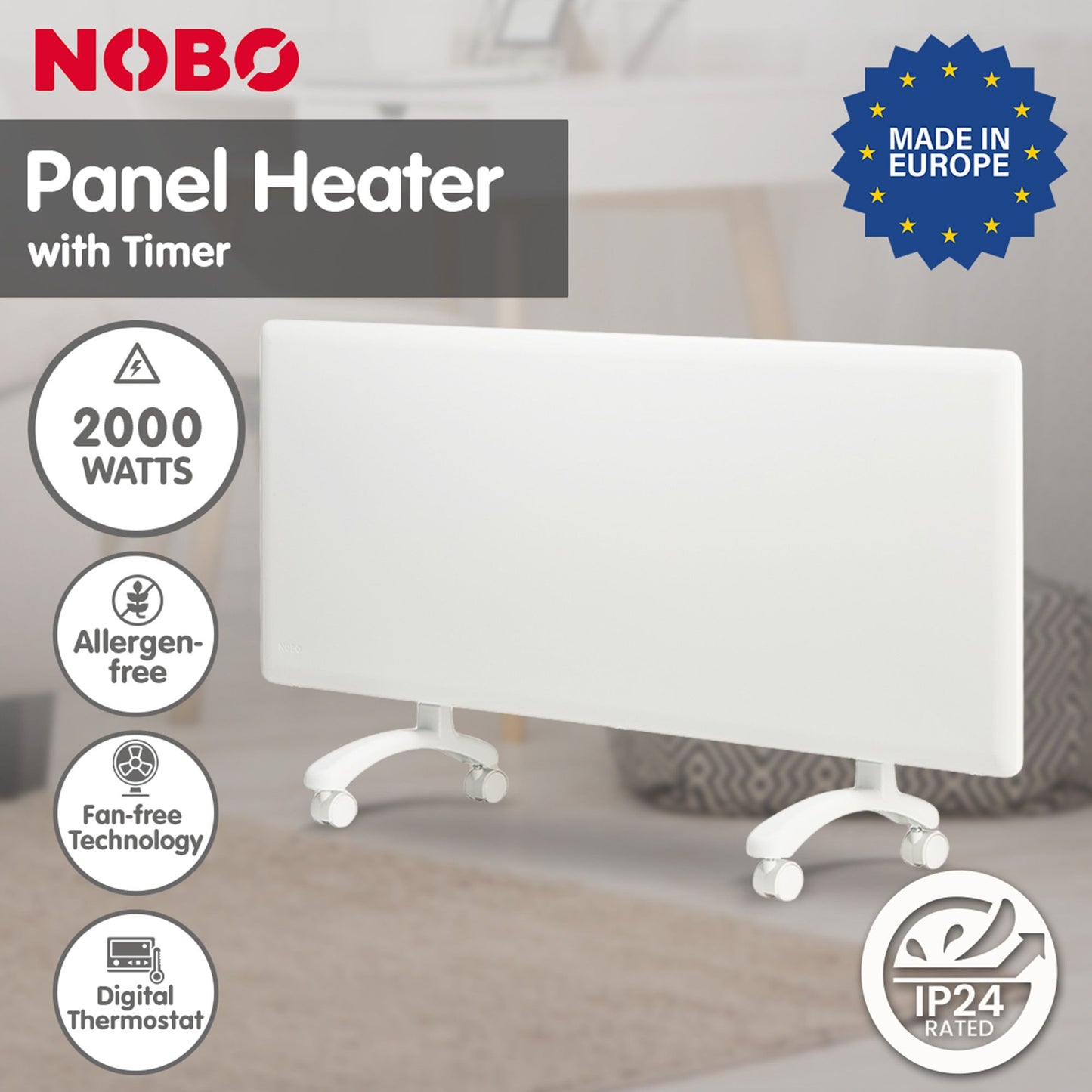 Nobo 2000W T2-NTL4T20 Electric Panel Heater with Timer Tilt Switch Silent Operation & Allergy-Free - Refurbished