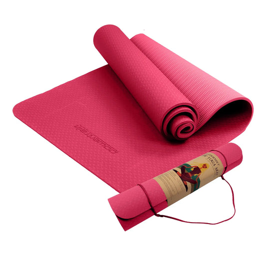 Powertrain 6mm Non-Slip TPE Yoga Mat Double Layer Exercise Pilates Fitness Workout Mat with Carry Strap - Rose Pink