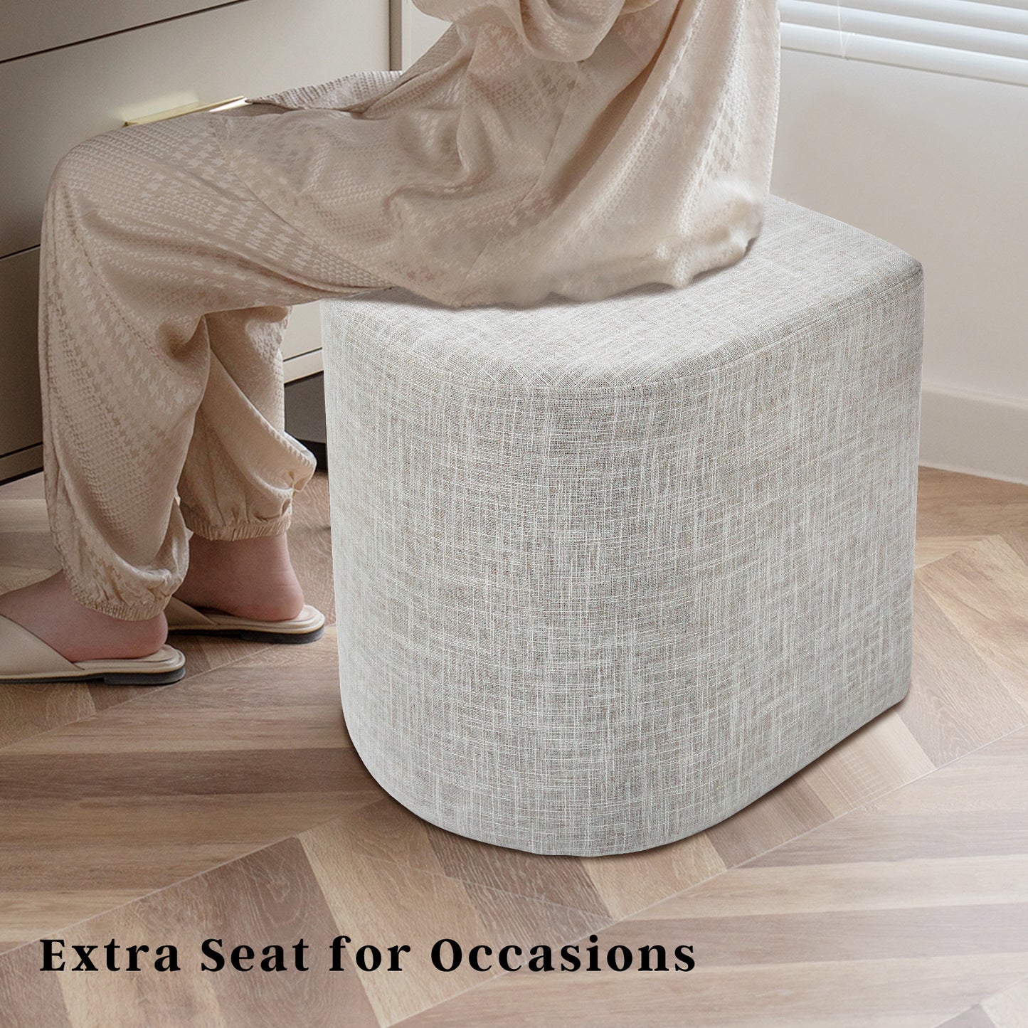 Ottoman Stool Linen Fabric Footstool Foot Rest Pouffe Pouf Seat - Cream Grey