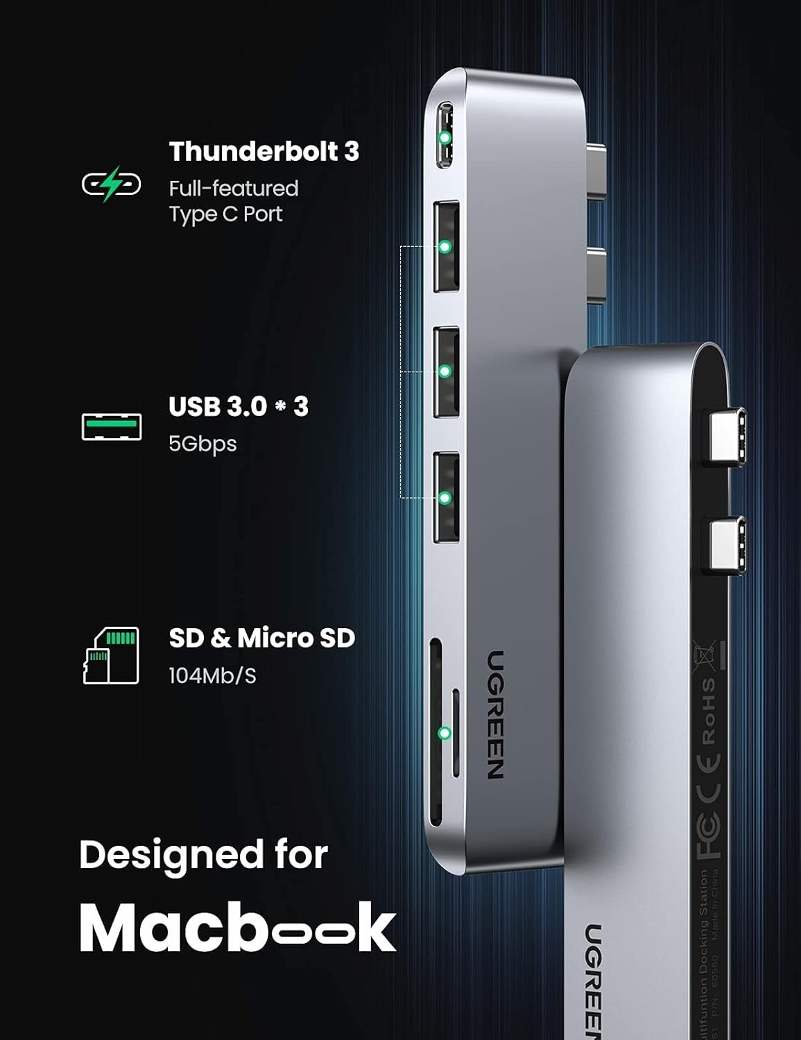 ugreen-60560-usb-c-hub-for-macbook-aluminum-type-c-adapter-with-3-usb-3-0-100w