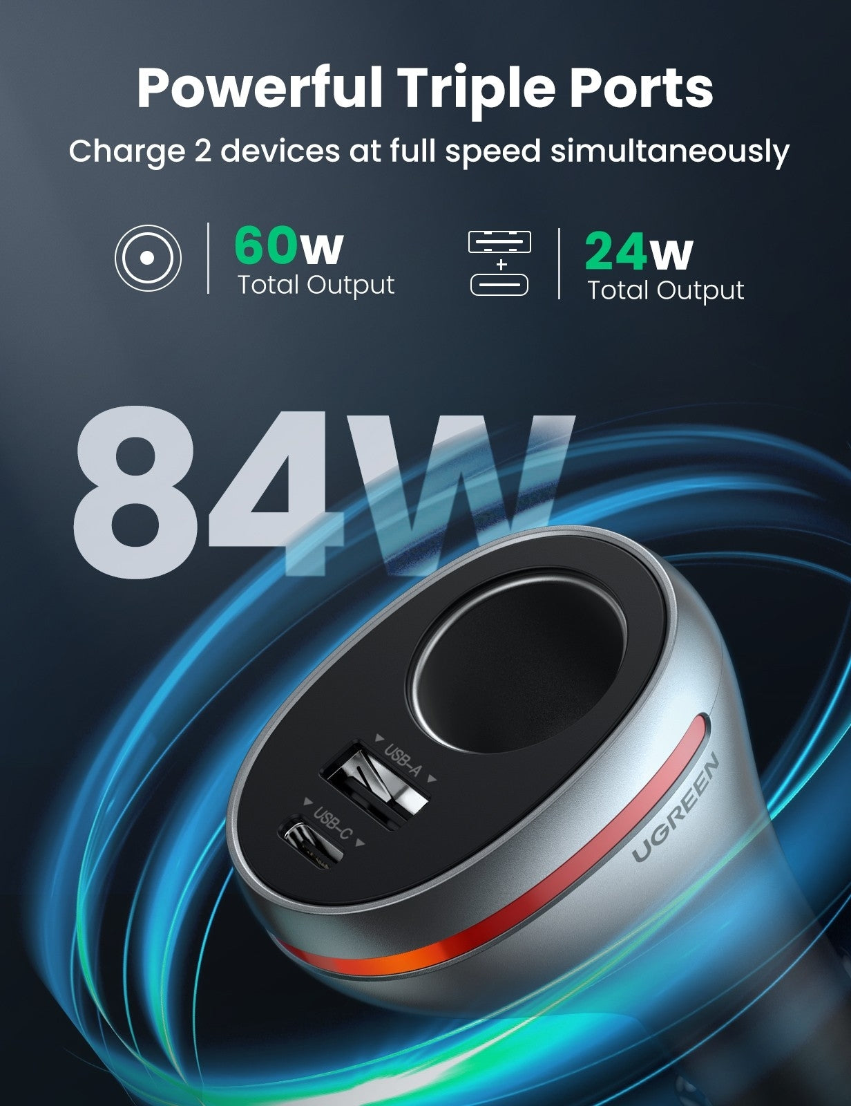 ugreen-60712-84w-dual-port-car-charger-space-grey at www.mallsonline.com.au