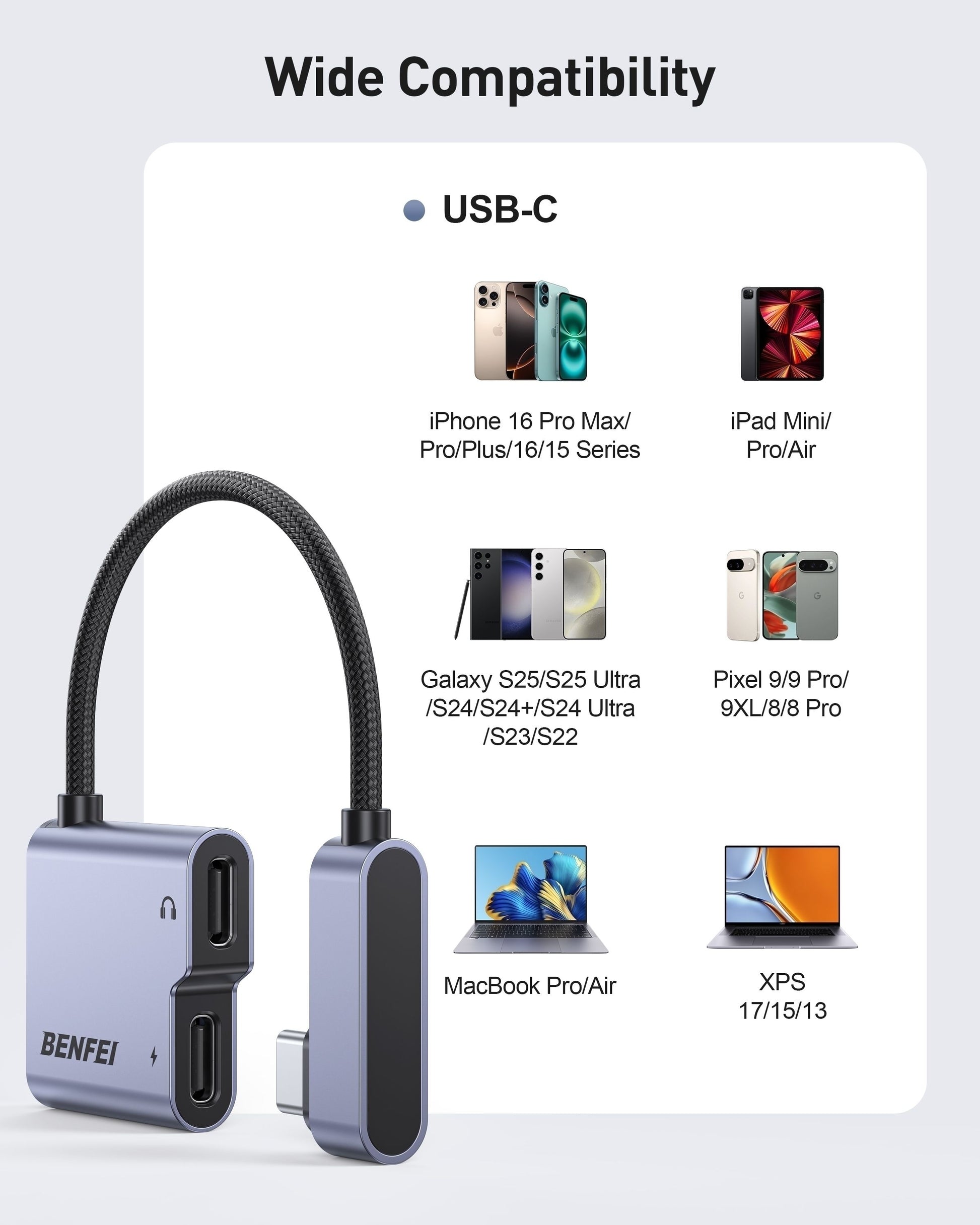 BENFEI 000413GY USB-C to USB-C Audio Headphone + Data Transfer and Charging Adapter
