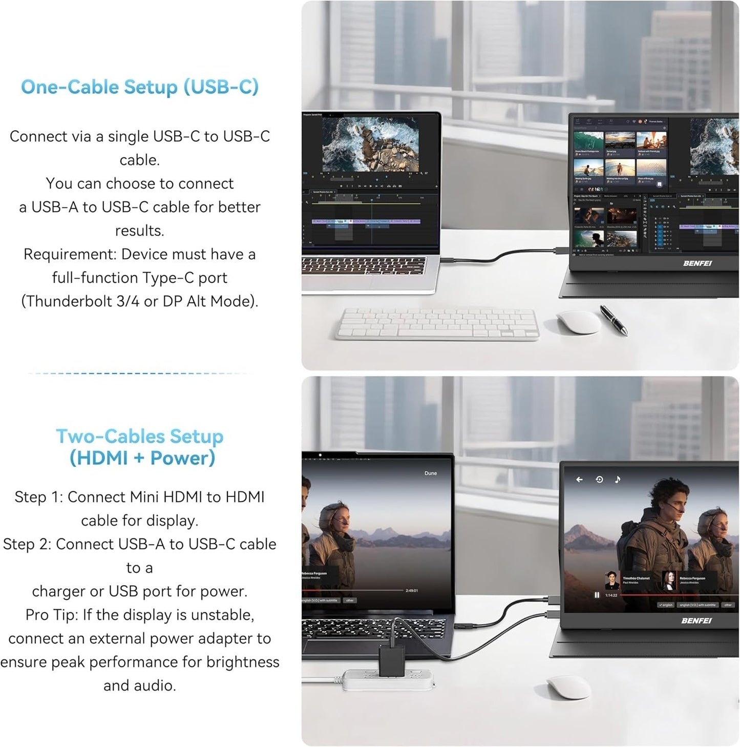 BENFEI 000451BK 15.6" FHD Portable Monitor USB-C HDMI IPS HDR Gaming Display w/ Speakers