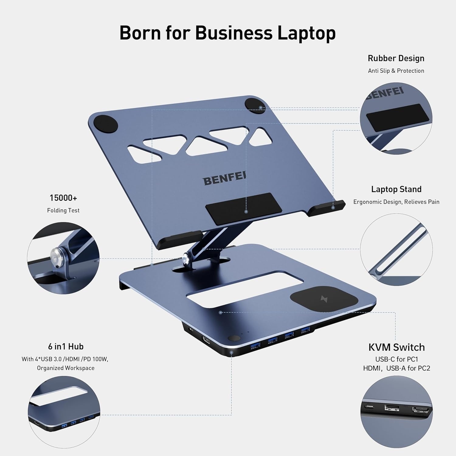 BENFEI 000366GY Laptop Stand with USB C Hub, Multi Function With USB and KVM Switch and 15W Wireless Charger