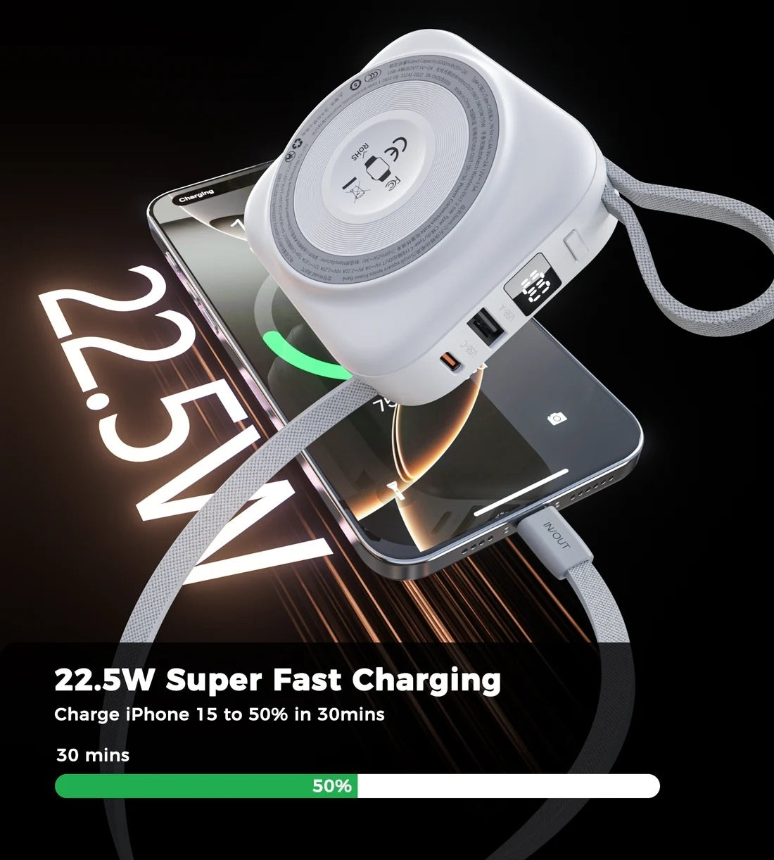 Choetech B697C-WH 10000mAh LED display 22.5W power bank for Mobile and Apple watch/Airpods CCC Certified