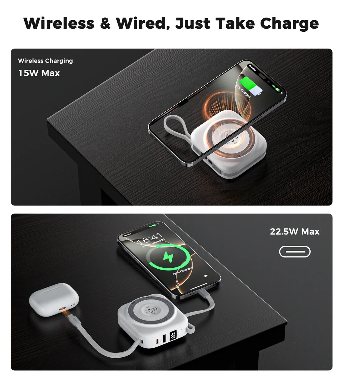 Choetech B697C-WH 10000mAh LED display 22.5W power bank for Mobile and Apple watch/Airpods CCC Certified