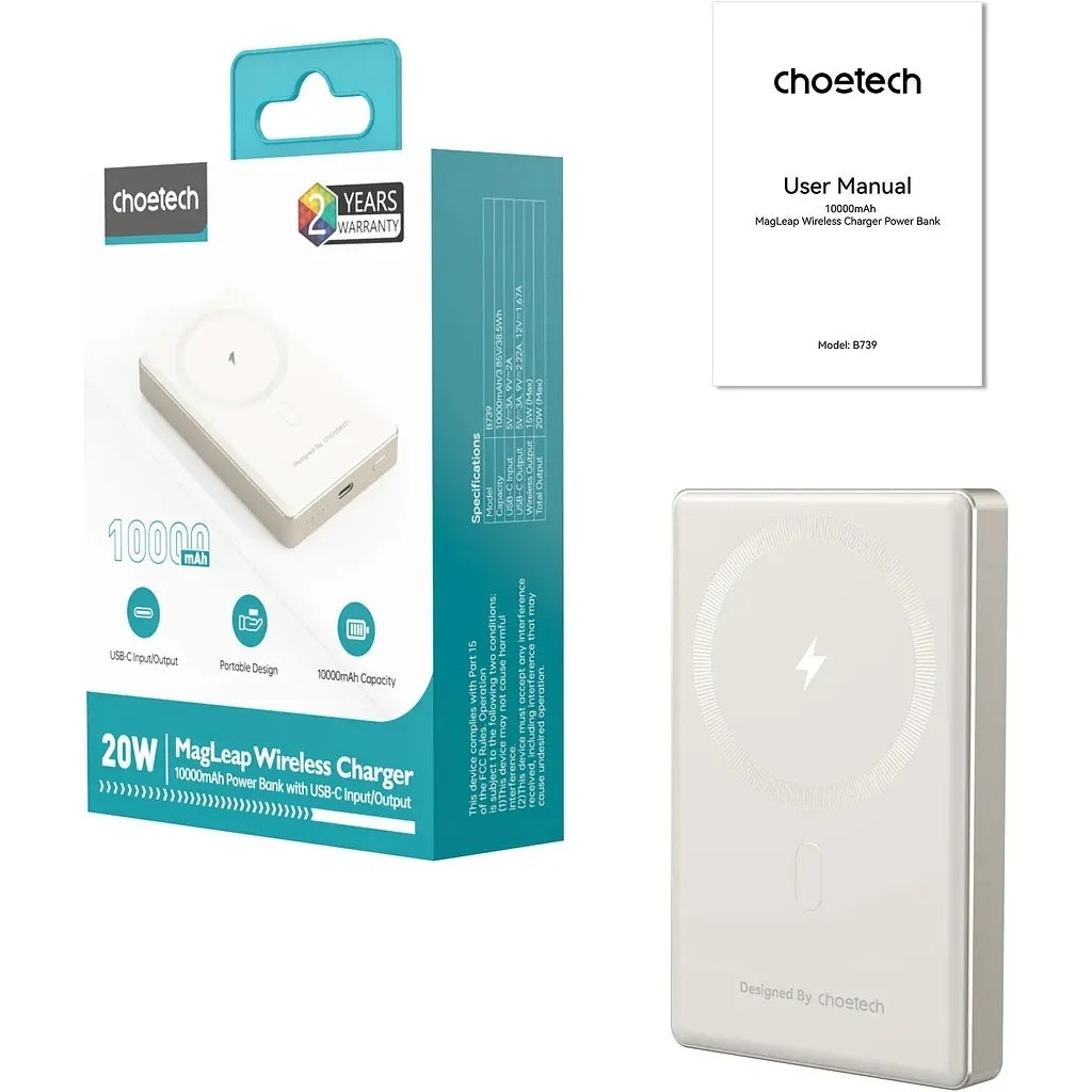 choetech-b739-wh-20w-slim-usb-c-10000mah-magnetic-power-bank-white www.mallsonline.com.au