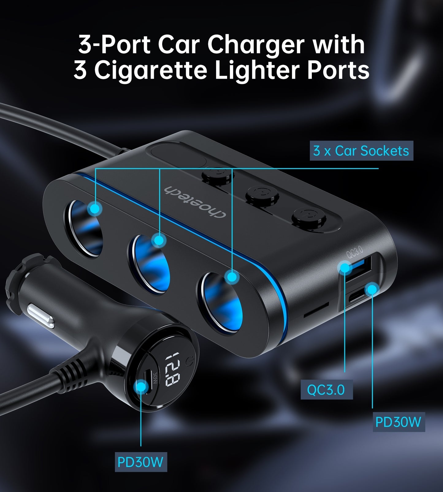 choetech-tc0021-3-sockets-2c-1a-cigarette-lighter-splitter-black www.mallsonline.com.au
