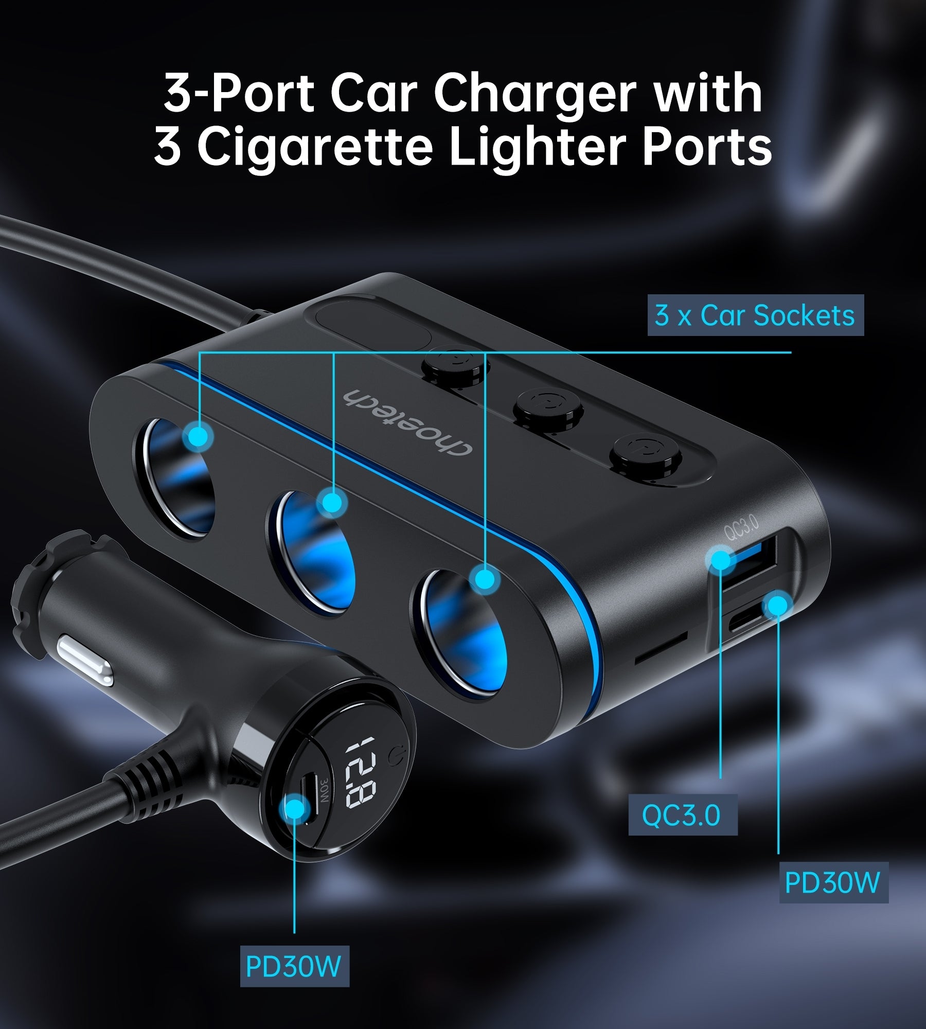 choetech-tc0021-3-sockets-2c-1a-cigarette-lighter-splitter-black www.mallsonline.com.au