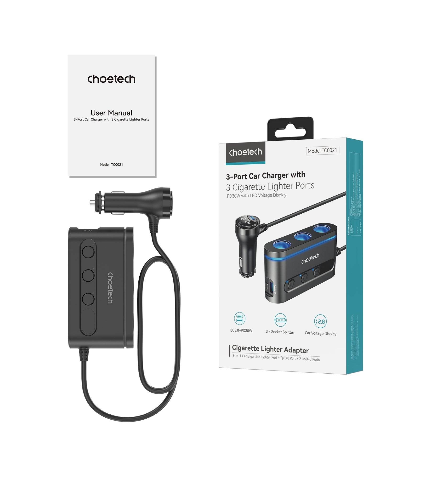 choetech-tc0021-3-sockets-2c-1a-cigarette-lighter-splitter-black www.mallsonline.com.au