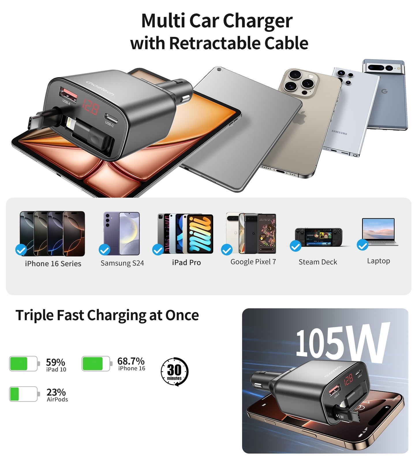choetech-tc0033-105w-usb-c-usb-a-fast-car-charger-with-stretchable-usb-c-lightning-cables www.mallsonline.com.au