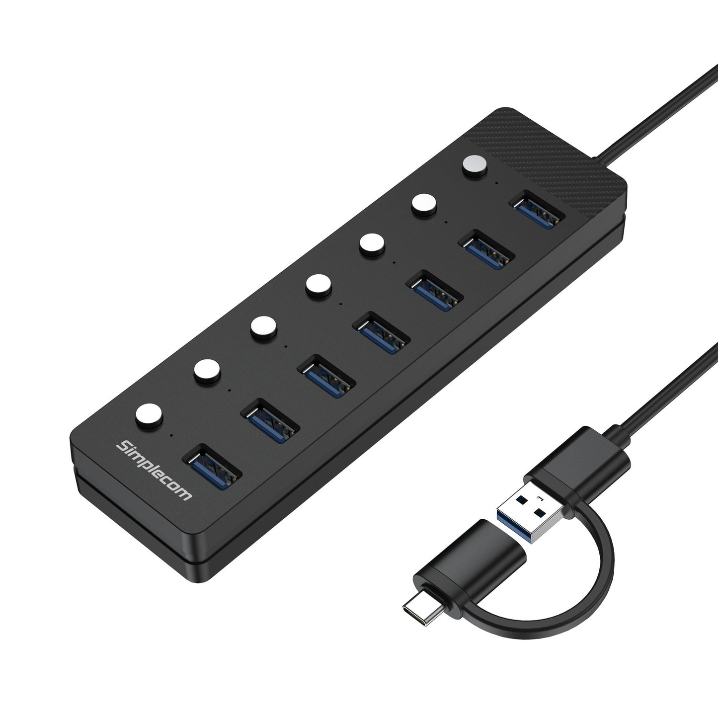 simplecom-ch375c-usb-a-and-usb-c-to-7-port-usb-3-0-hub-5gbps-individual-switches-and-power-adapter