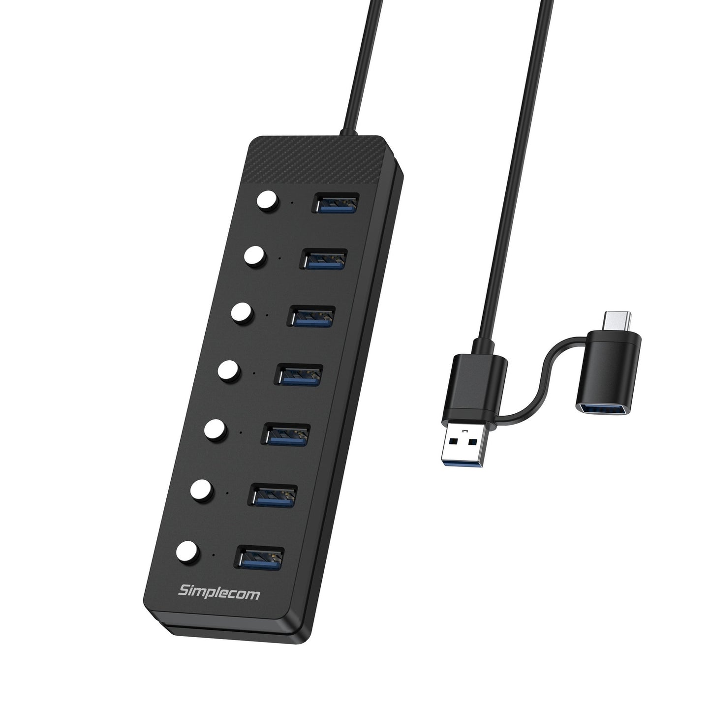 simplecom-ch375c-usb-a-and-usb-c-to-7-port-usb-3-0-hub-5gbps-individual-switches-and-power-adapter